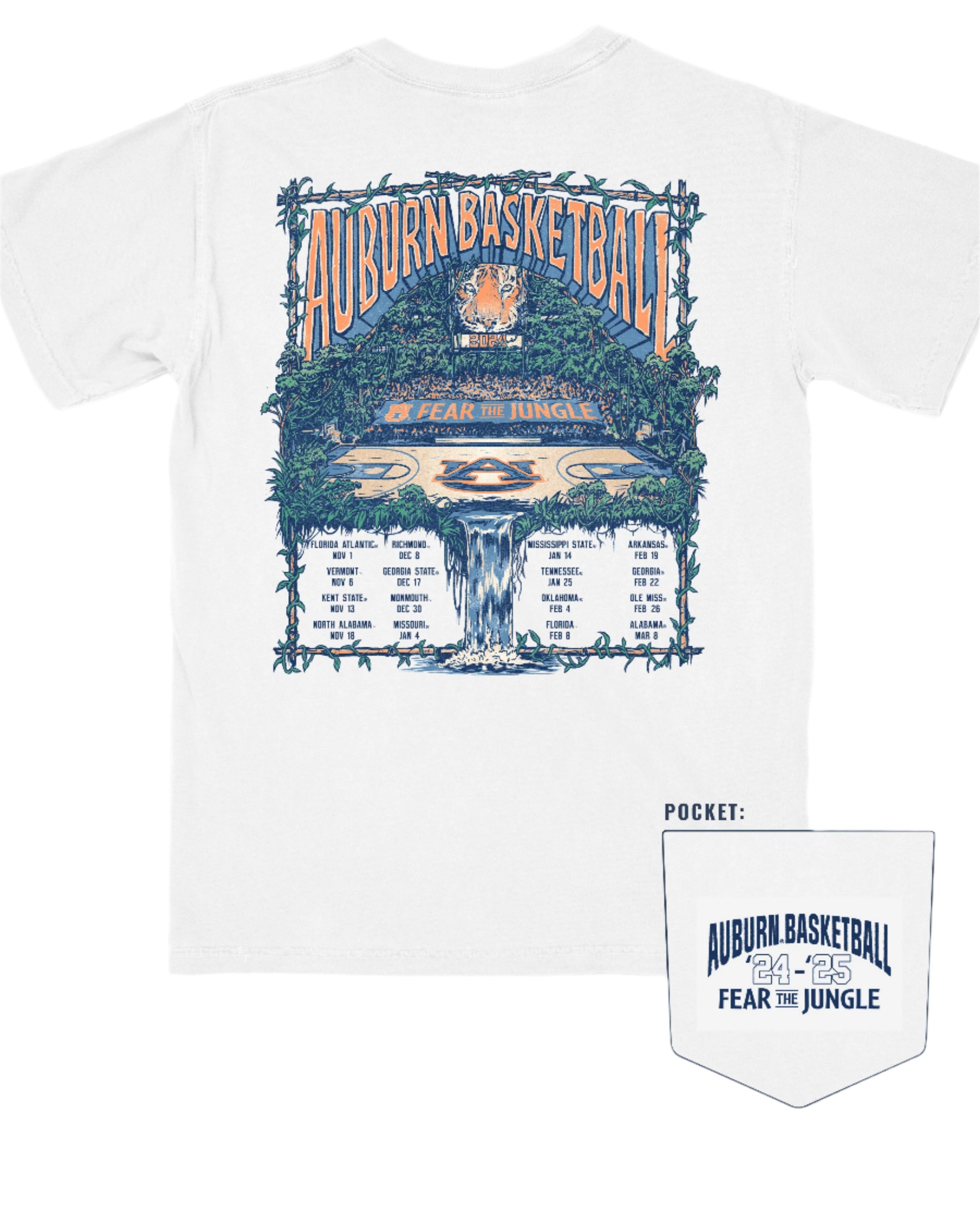 Auburn University White Fear The Jungle T-Shirt with Orange text "Auburn Basketball" and an image of the Auburn basketball court in the middle of a jungle with a waterfall spilling into the game schedule
