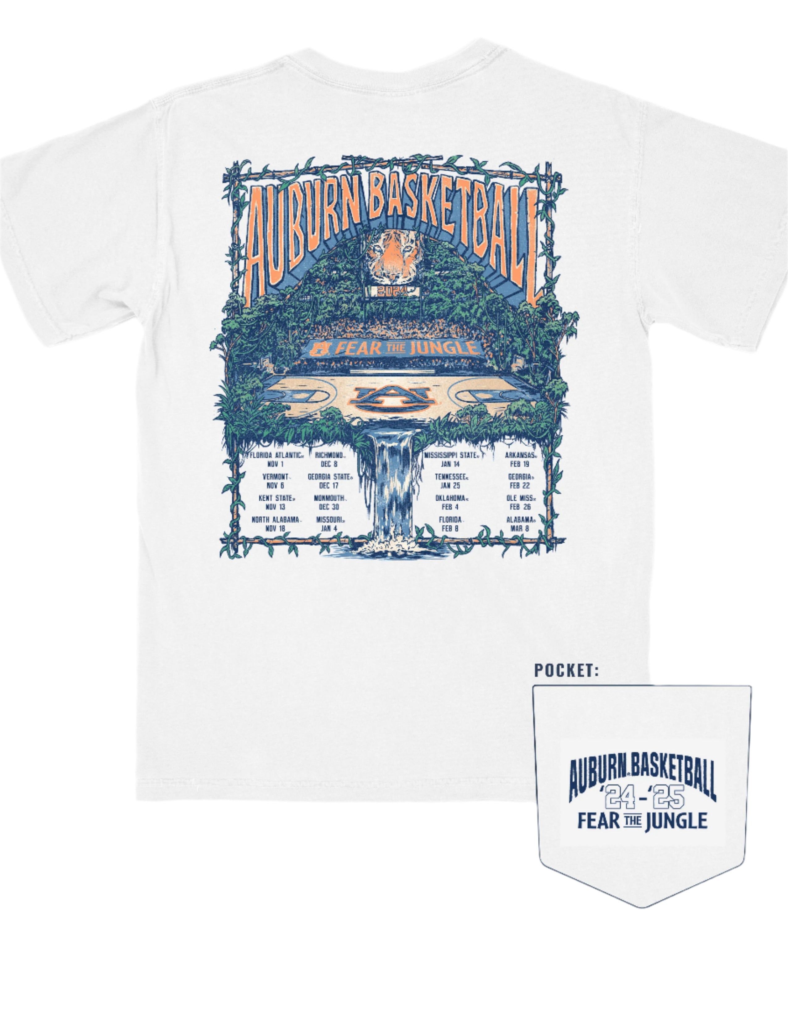 Auburn University White Fear The Jungle T-Shirt with Orange text "Auburn Basketball" and an image of the Auburn basketball court in the middle of a jungle with a waterfall spilling into the game schedule