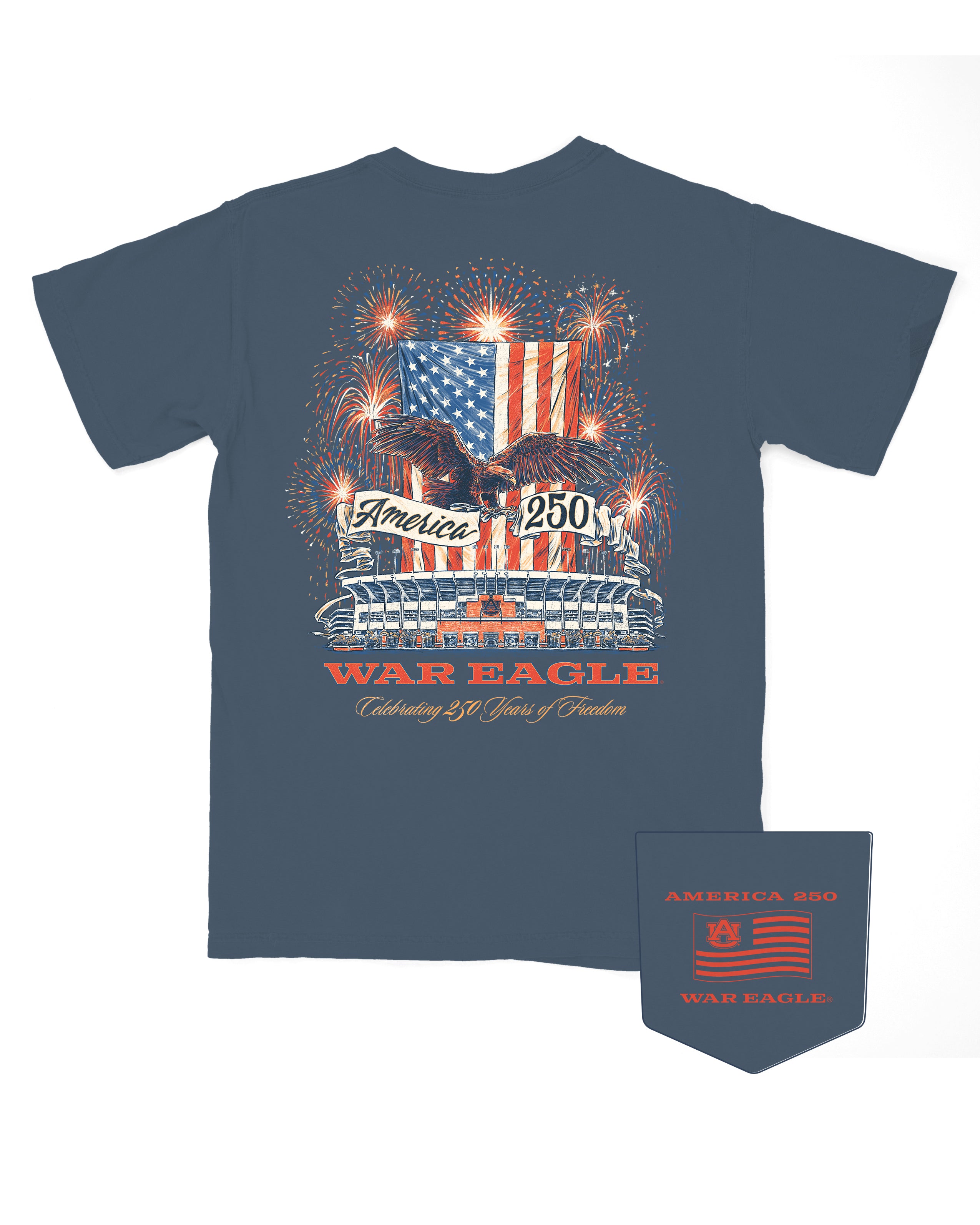 Auburn University Navy T-Shirt with an eagle holding a banner with text “America 250” in front of fireworks and an American Flag over Jordan Hare Stadium