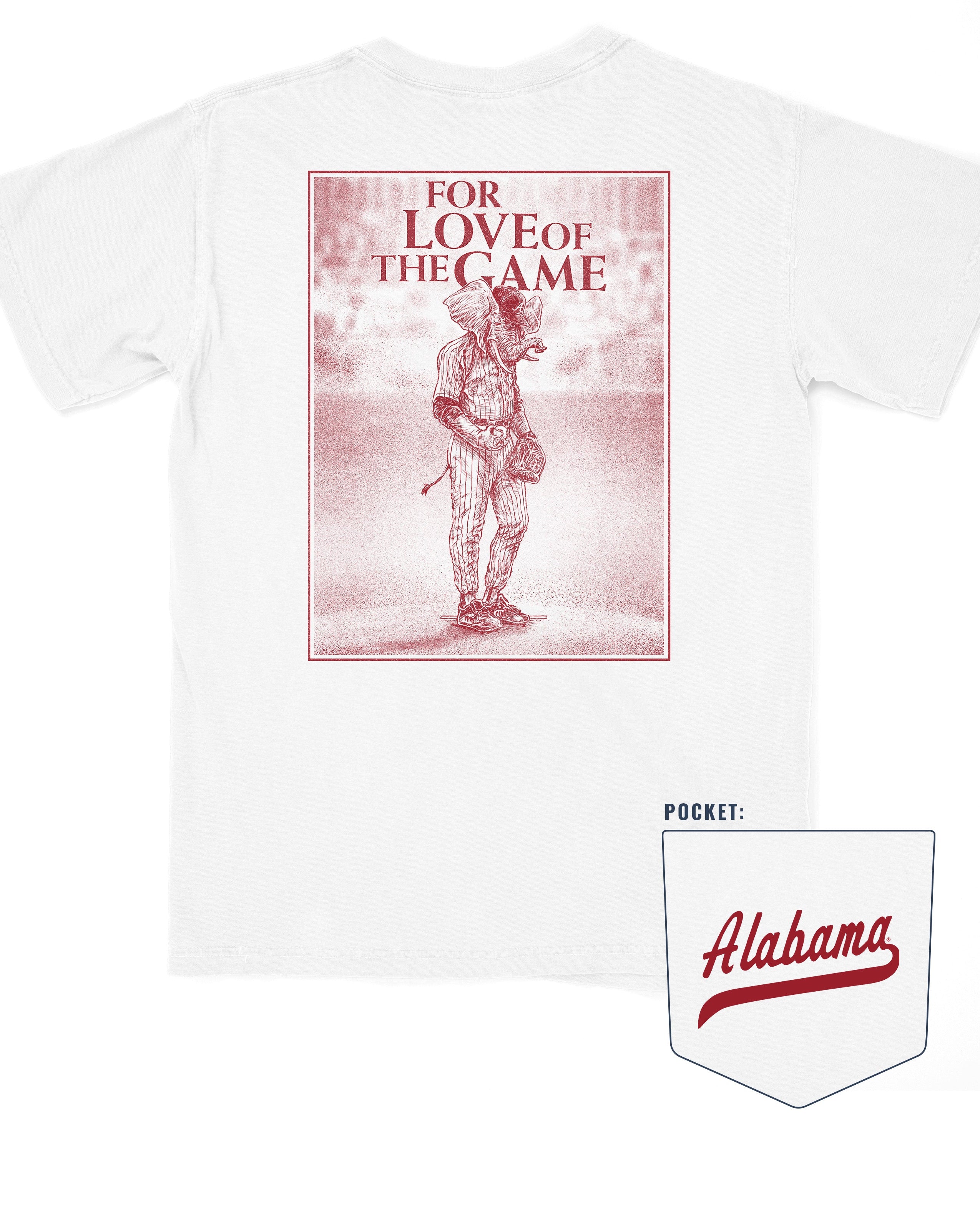 University of Alabama White T-Shirt with a Red illustration of Big Al in baseball gear below Red text "For The Love of The Game