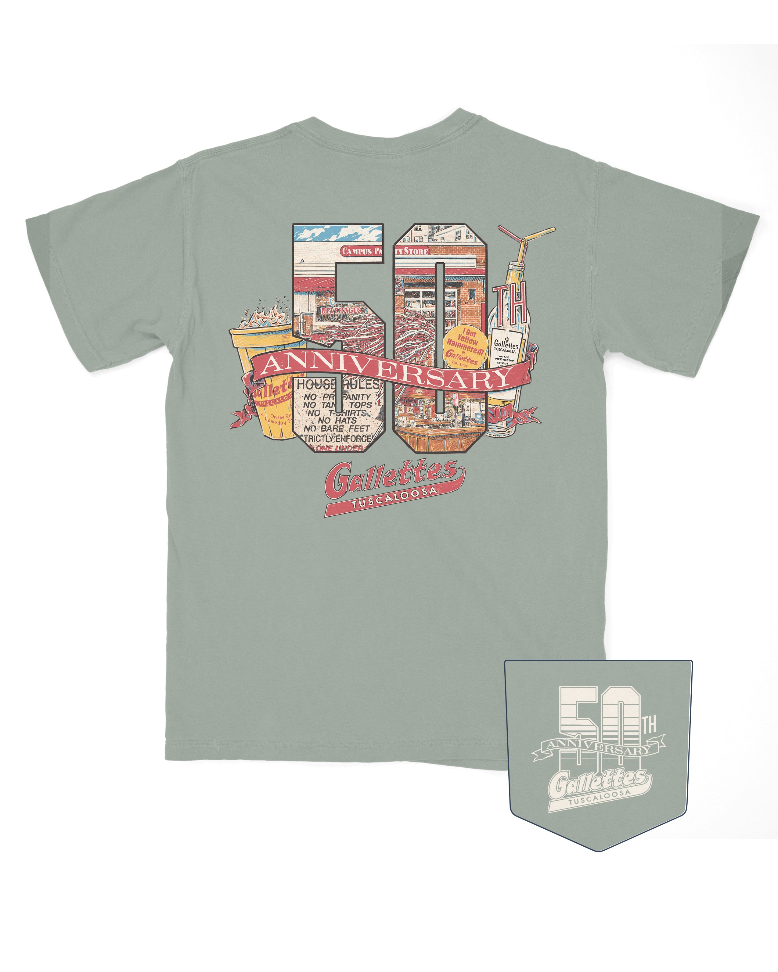 Gallettes Dusty Green T-Shirt with a collage of Gallettes and Tuscaloosa Icons inside a block “50th” with a banner reading “anniversary” in front of it
