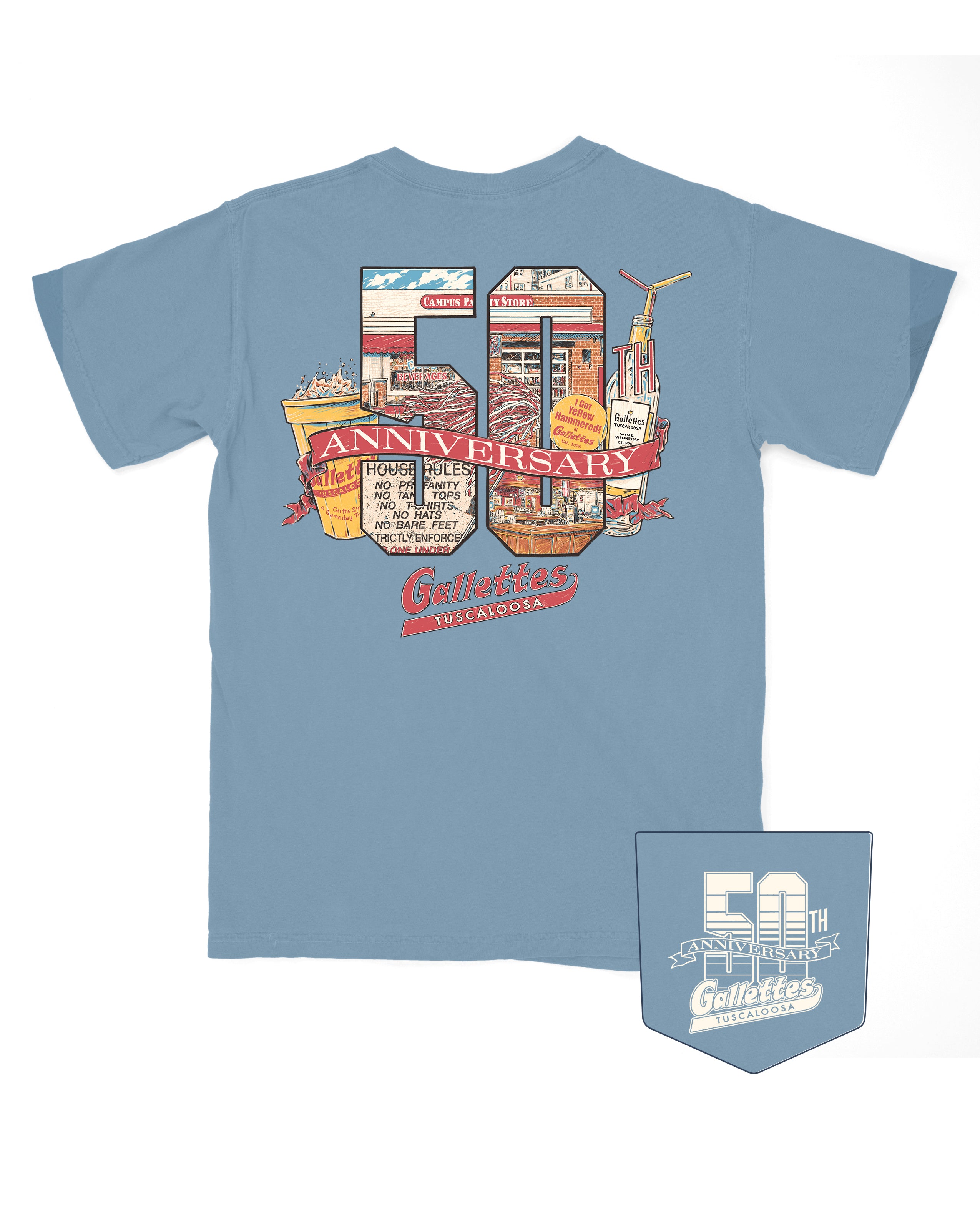 Gallettes Dusty Blue T-Shirt with a collage of Gallettes and Tuscaloosa Icons inside a block “50th” with a banner reading “anniversary” in front of it
