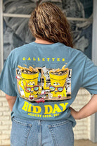 Gallettes Blue Bid Day T-Shirt with two yellow cups wearing sunglasses sitting at a bar and pouring themselves drinks above Yellow text "Bid Day August 18th, 2024"