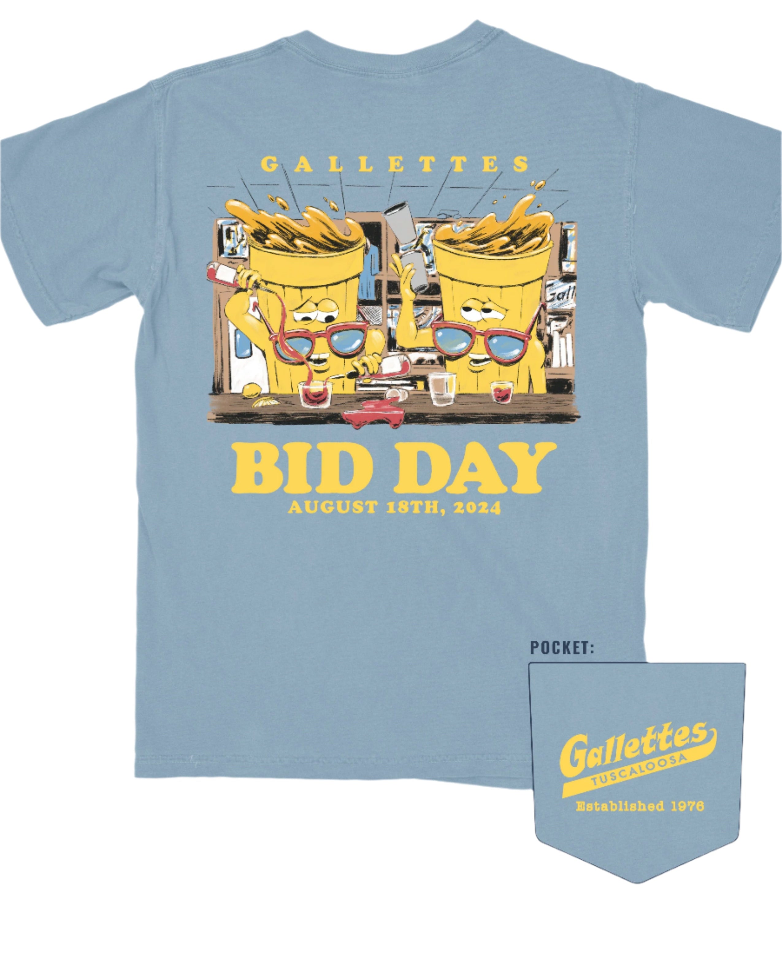 Gallettes Blue Bid Day T-Shirt with two yellow cups wearing sunglasses sitting at a bar and pouring themselves drinks above Yellow text "Bid Day August 18th, 2024"