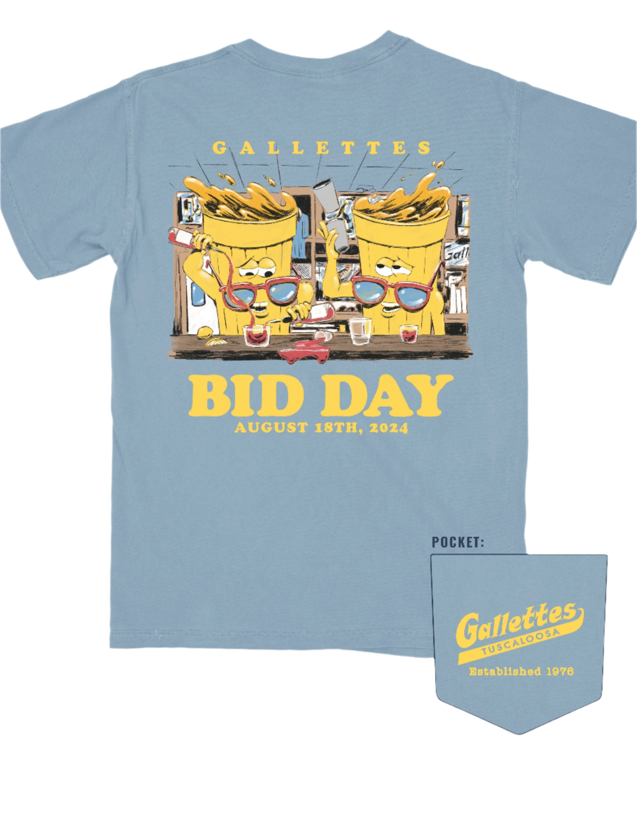 Gallettes Blue Bid Day T-Shirt with two yellow cups wearing sunglasses sitting at a bar and pouring themselves drinks above Yellow text "Bid Day August 18th, 2024"