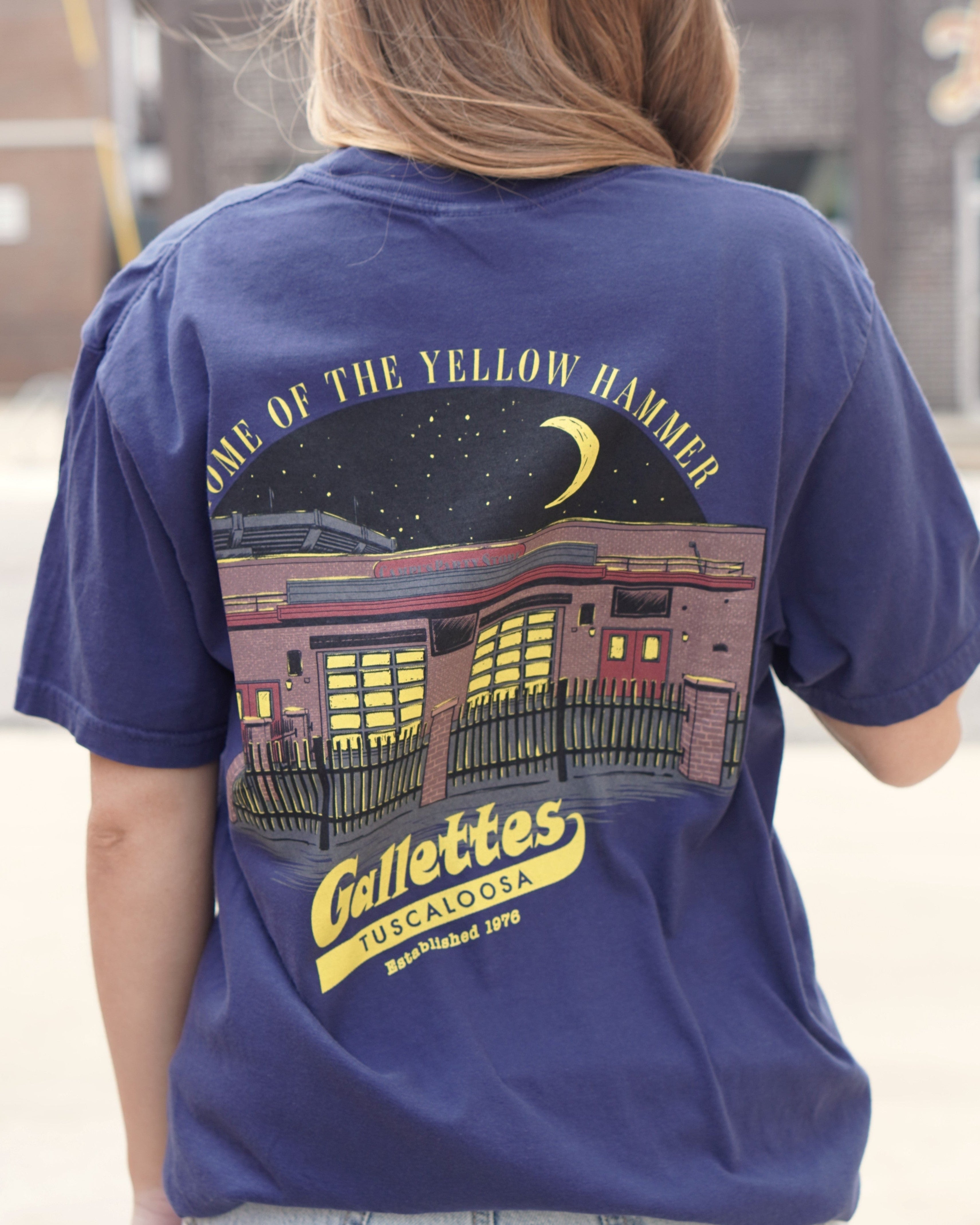 Gallettes Navy Building Tee with Yellow text "Home of the Yellow Hammer" above an illustration of the Gallettes Building