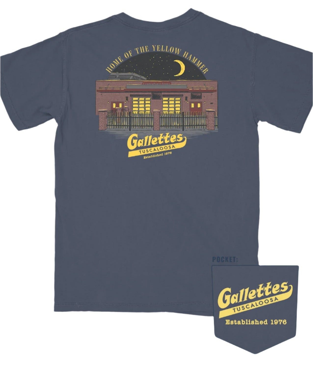 Gallettes Navy Building Tee with Yellow text "Home of the Yellow Hammer" above an illustration of the Gallettes Building