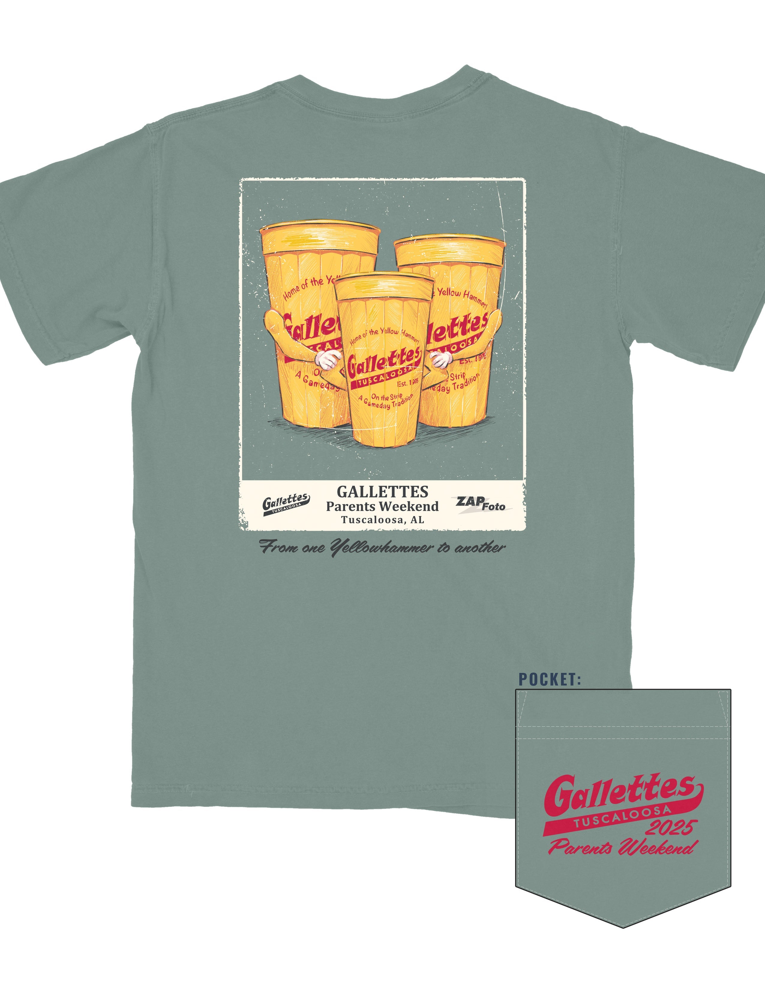Gallettes Green T-Shirt with an illustration of a polaroid picture of three Gallettes cups with text "Gallettes parent's Weekend"