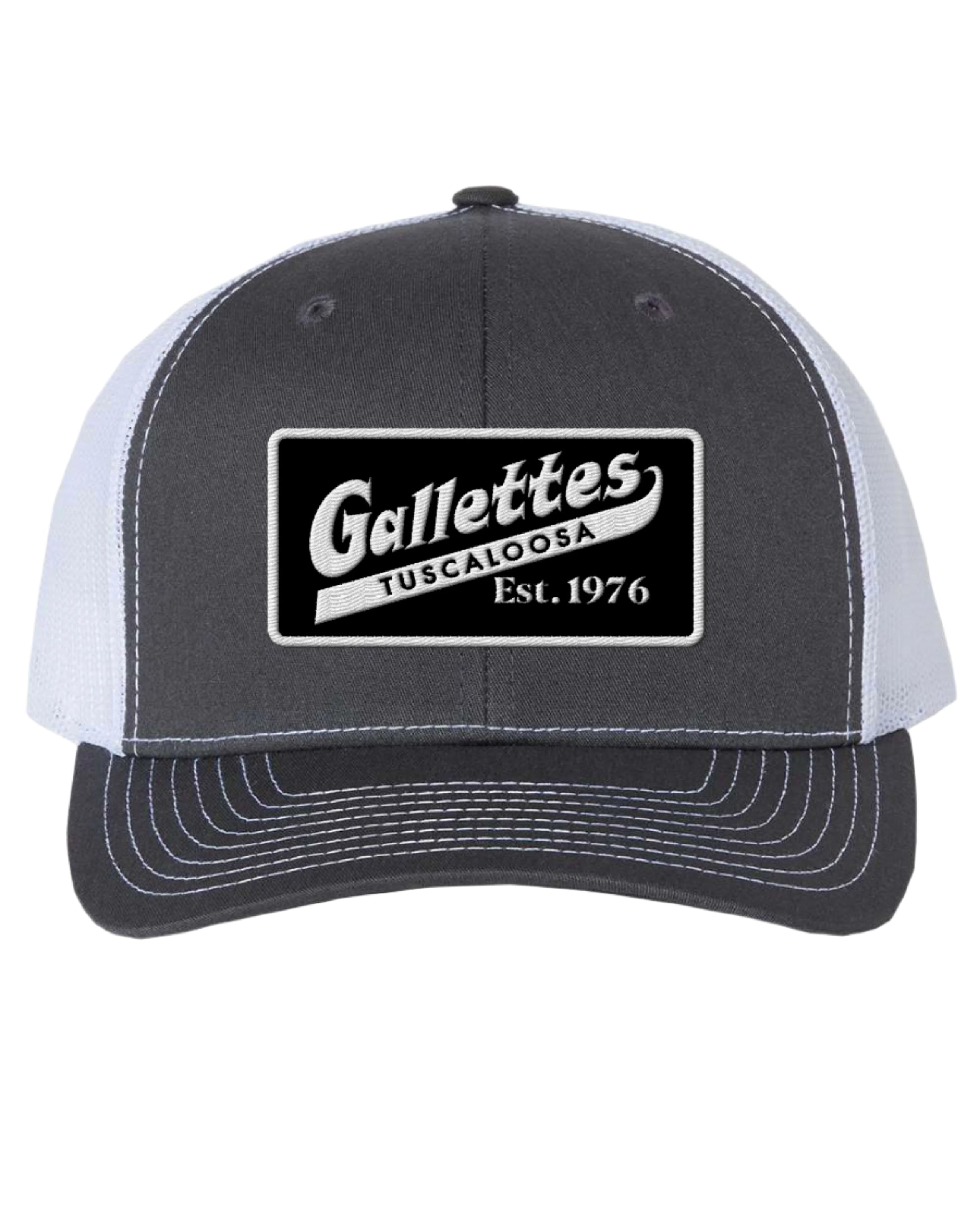 Gallettes Grey Trucker Hat with a Black Patch that features the Gallettes Logo in White embroidery