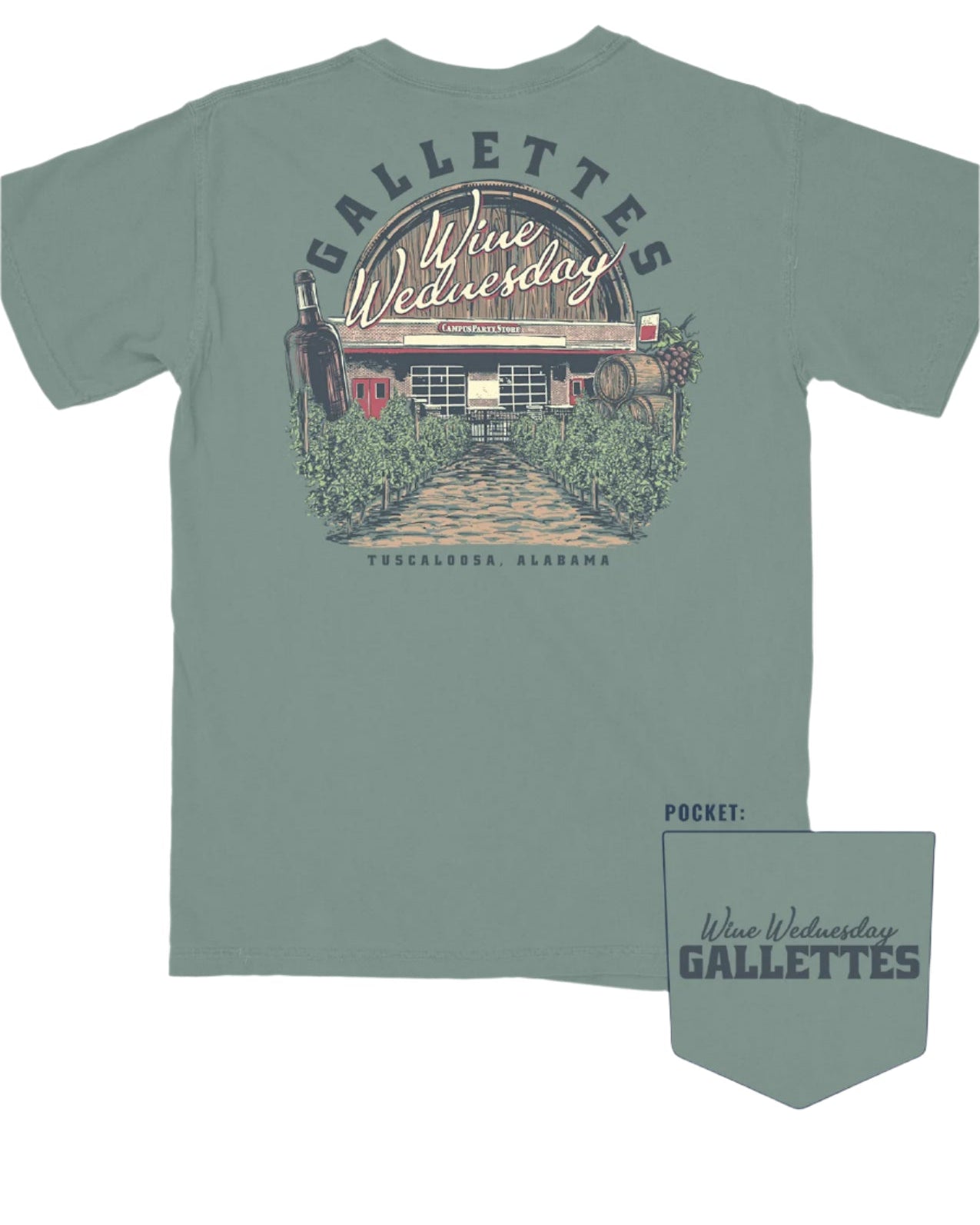 Gallettes Green Wine Wednesday T-Shirt with an image of the Gallettes Building in a vineyard in front of a wine barrel with White text "Wine Wednesday