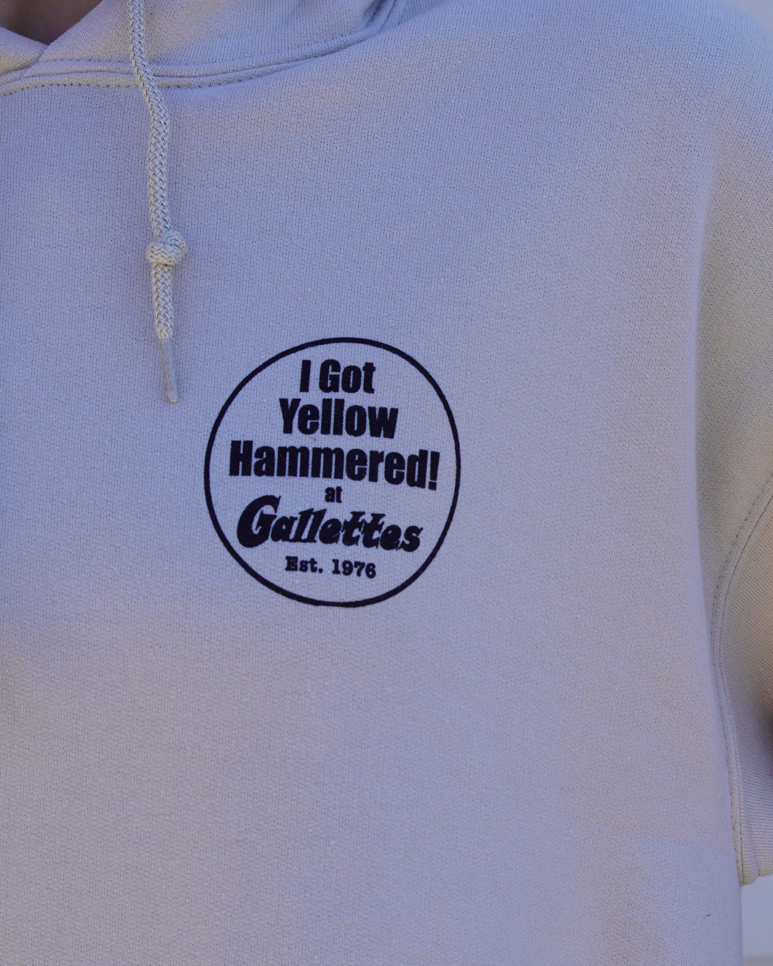 Gallettes Yellow Hammer Hoodie Front with Black text "I Got Yellow Hammered! at Gallettes"