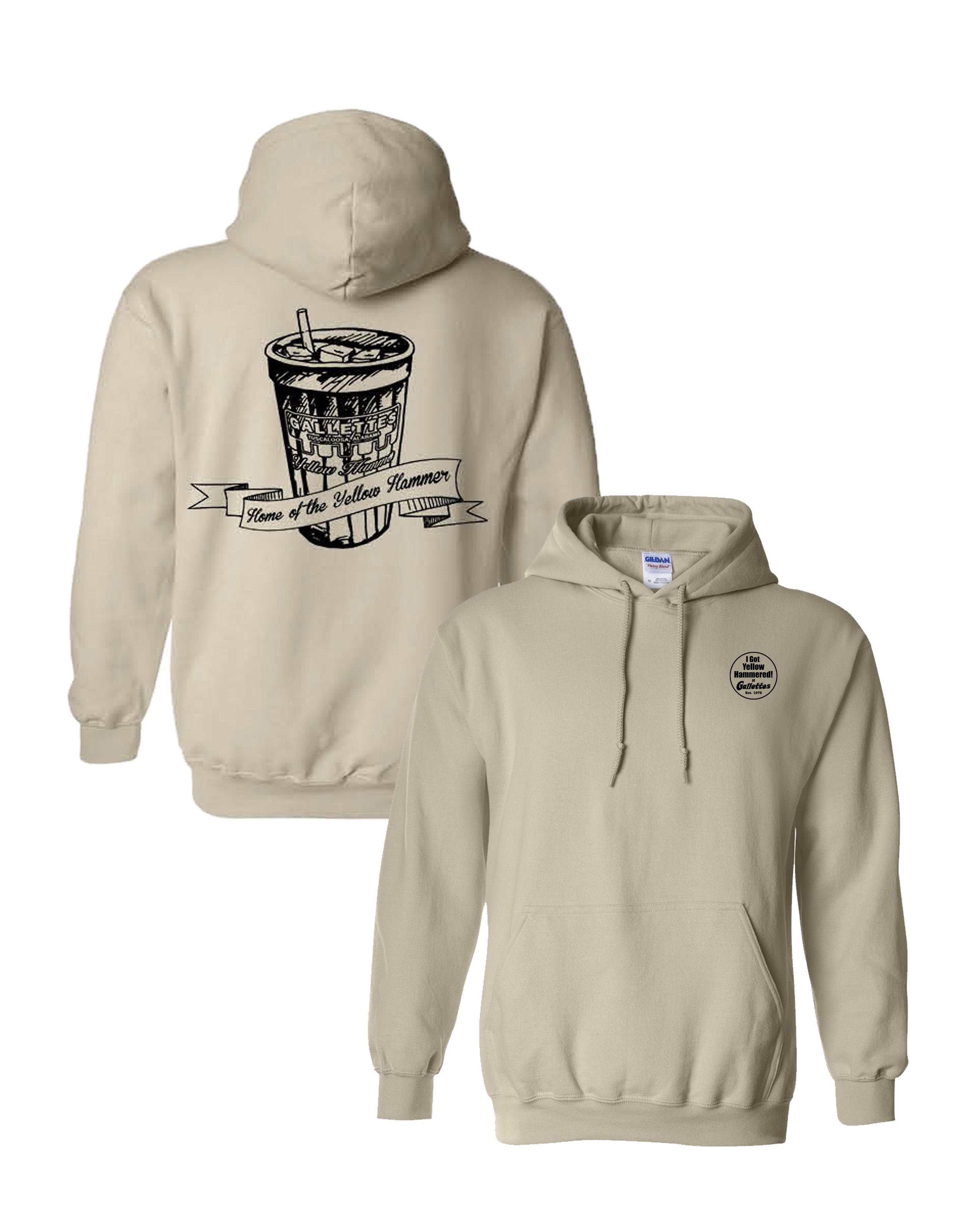 Gallettes Tan Hoodie with an illustration of a yellow hammer drink with a sash that reads “home of the yellow hammer”