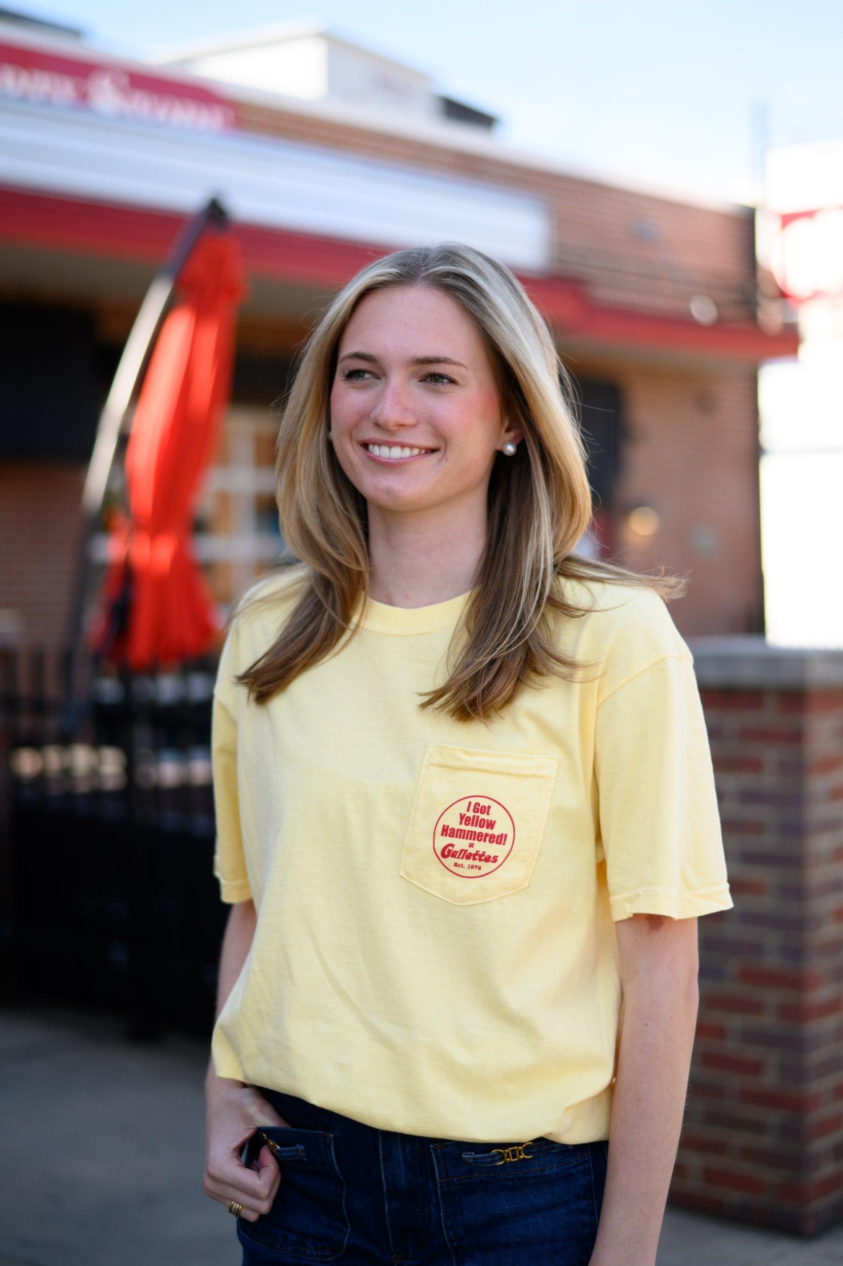 Gallettes Yellow T-Shirt with a Font Pocket with Red "I Got Yellow Hammered"