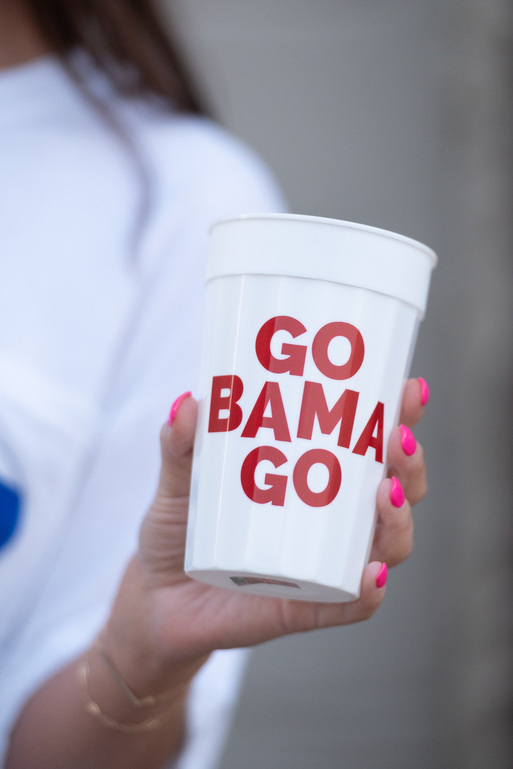University of Alabama White Stadium Cup with Red text "Go Bama Go"
