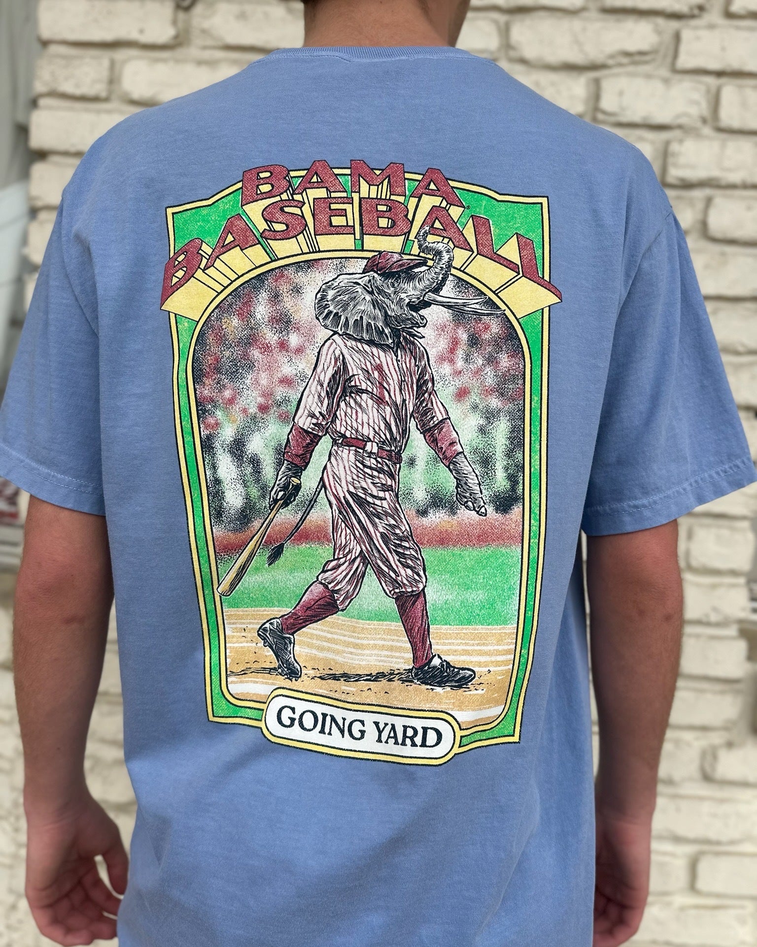 University of Alabama Blue Going Yard T-Shirt with Red text "Bama Baseball" above an image of Big Al in baseball gear and Black text "Going Yard" below