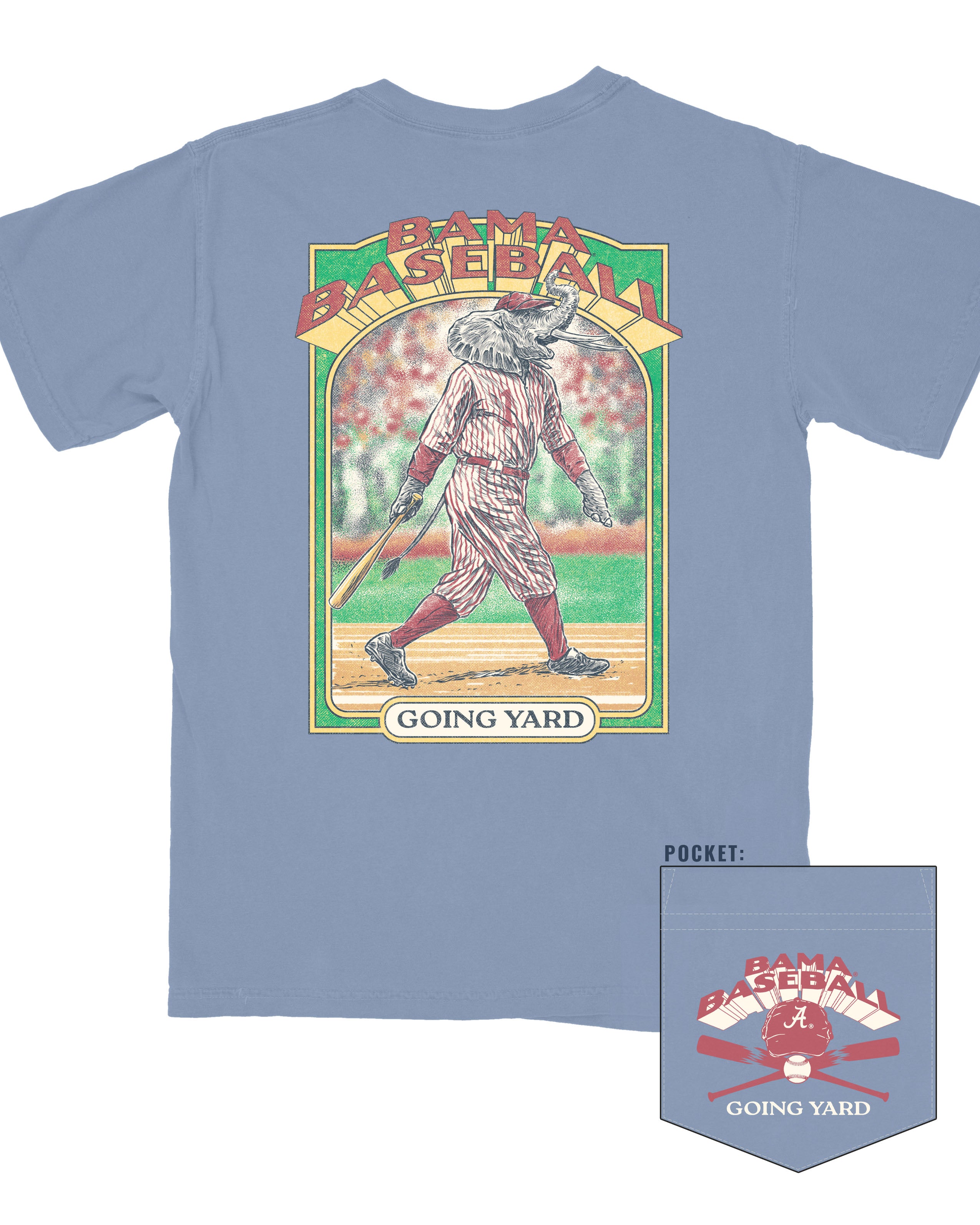 University of Alabama Blue Going Yard T-Shirt with Red text "Bama Baseball" above an image of Big Al in baseball gear and Black text "Going Yard" below
