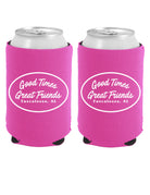 Good Times Tuscaloosa Pink Koozie with White text "Good Times Great Friends"