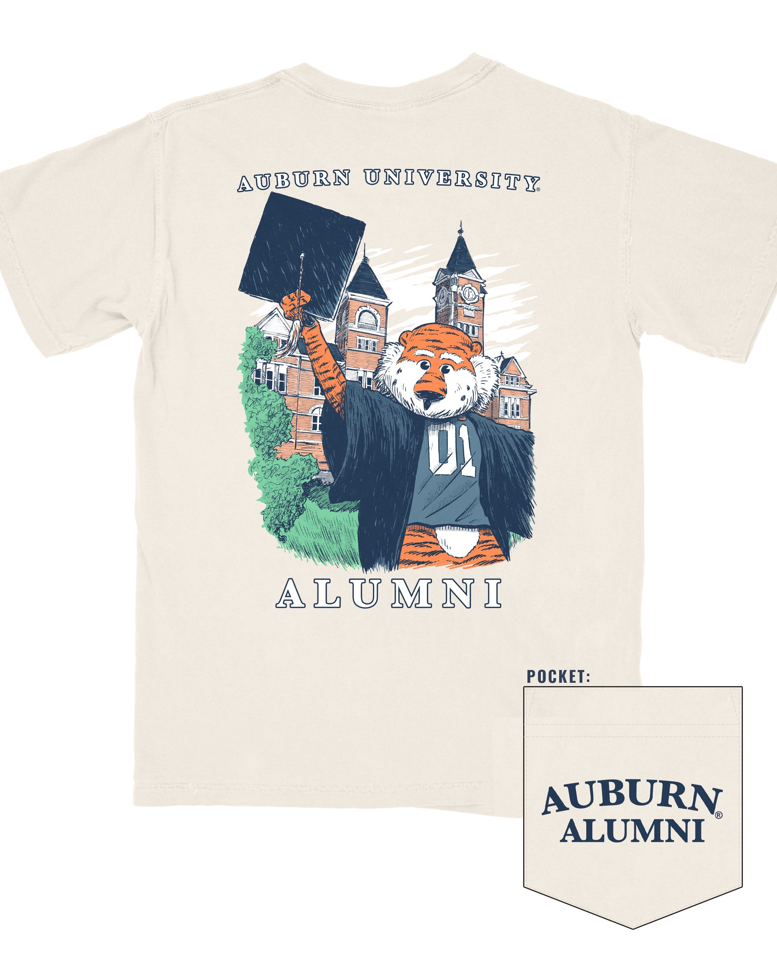 Auburn University Cream Aubie Graduation T-Shirt with an image of Aubie in graduation attire in front of Samford Hall above White text "Alumni”