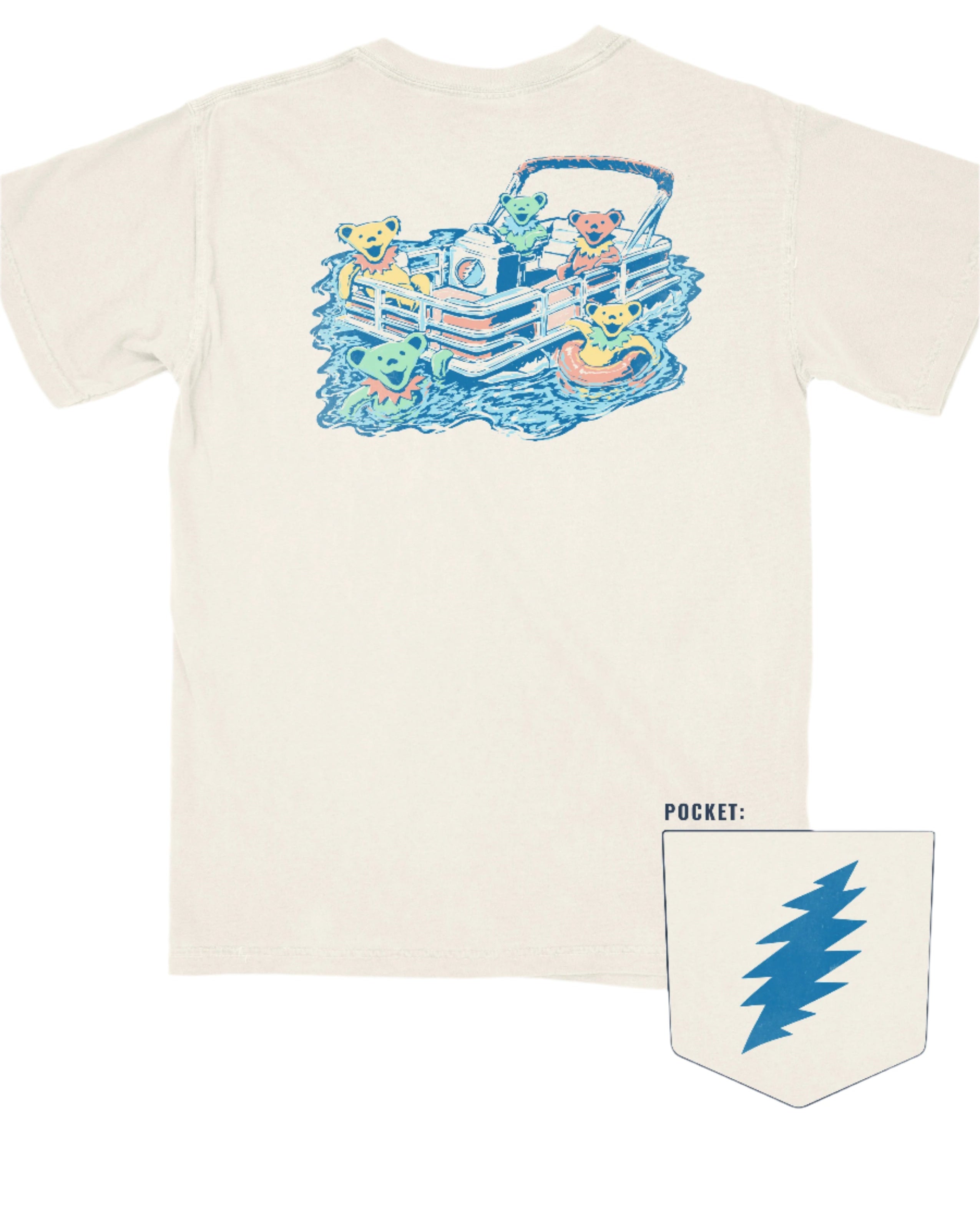 Ivory T-Shirt with Dancing Bears on the lake and in a pontoon boat with the Grateful Dead logo on it.