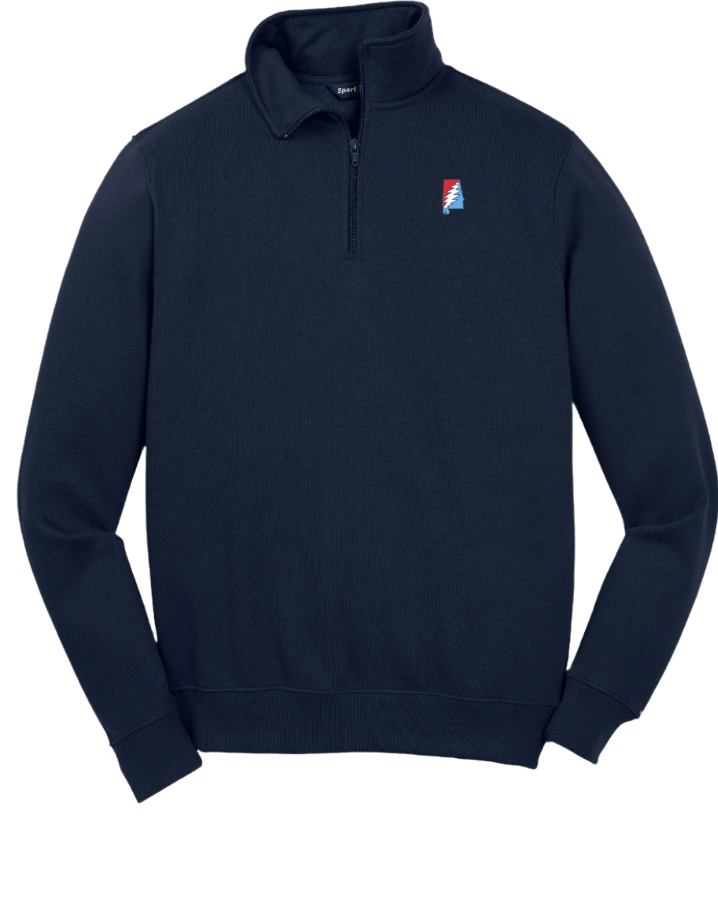 Grateful State Navy Sport Tek ¼ Zip with a Red and Blue embroidery of the Alabama "Grateful State" Logo