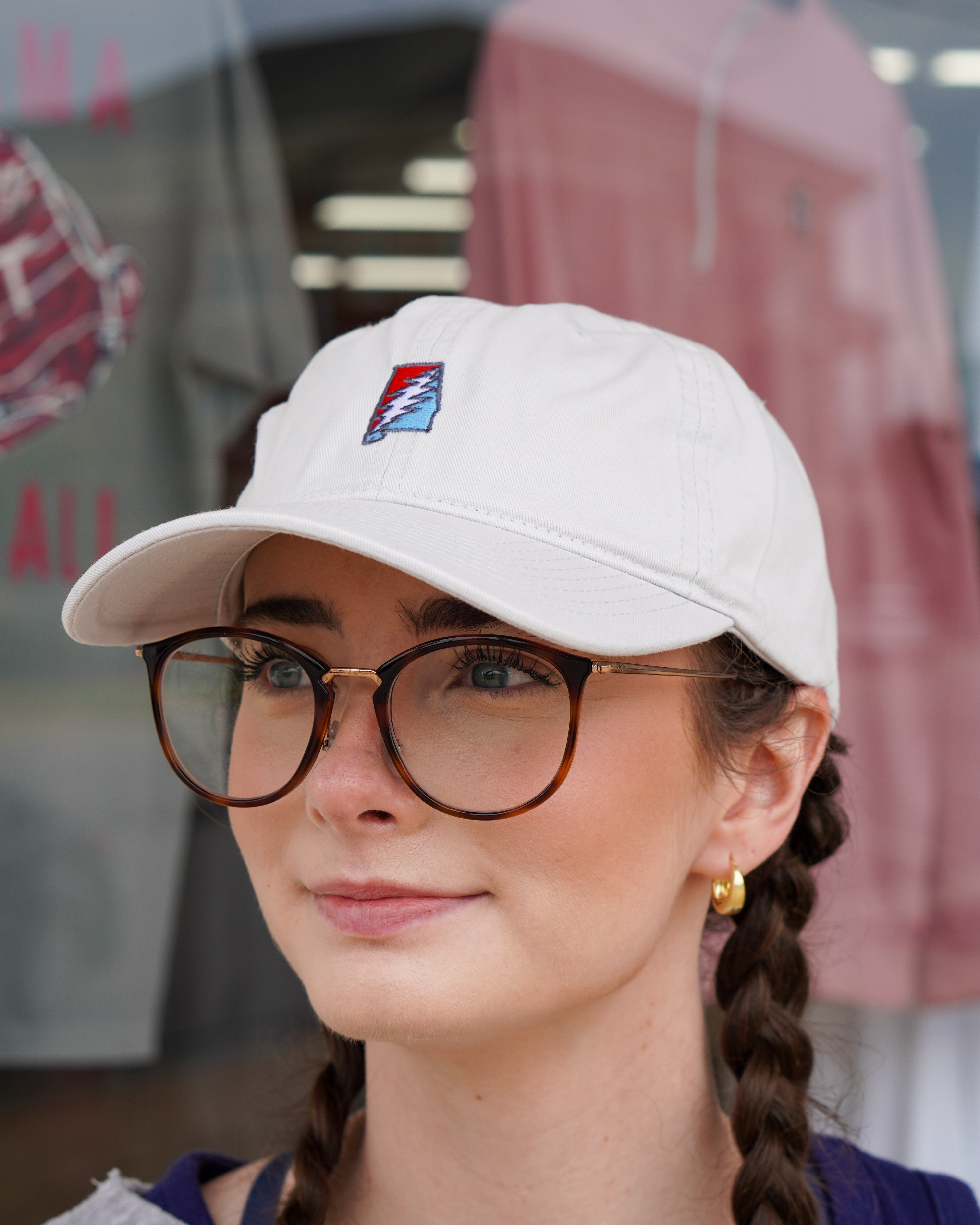 Grateful State Light Grey Dad Hat with Red and Blue embroidery of the Alabama "Grateful State" Logo
