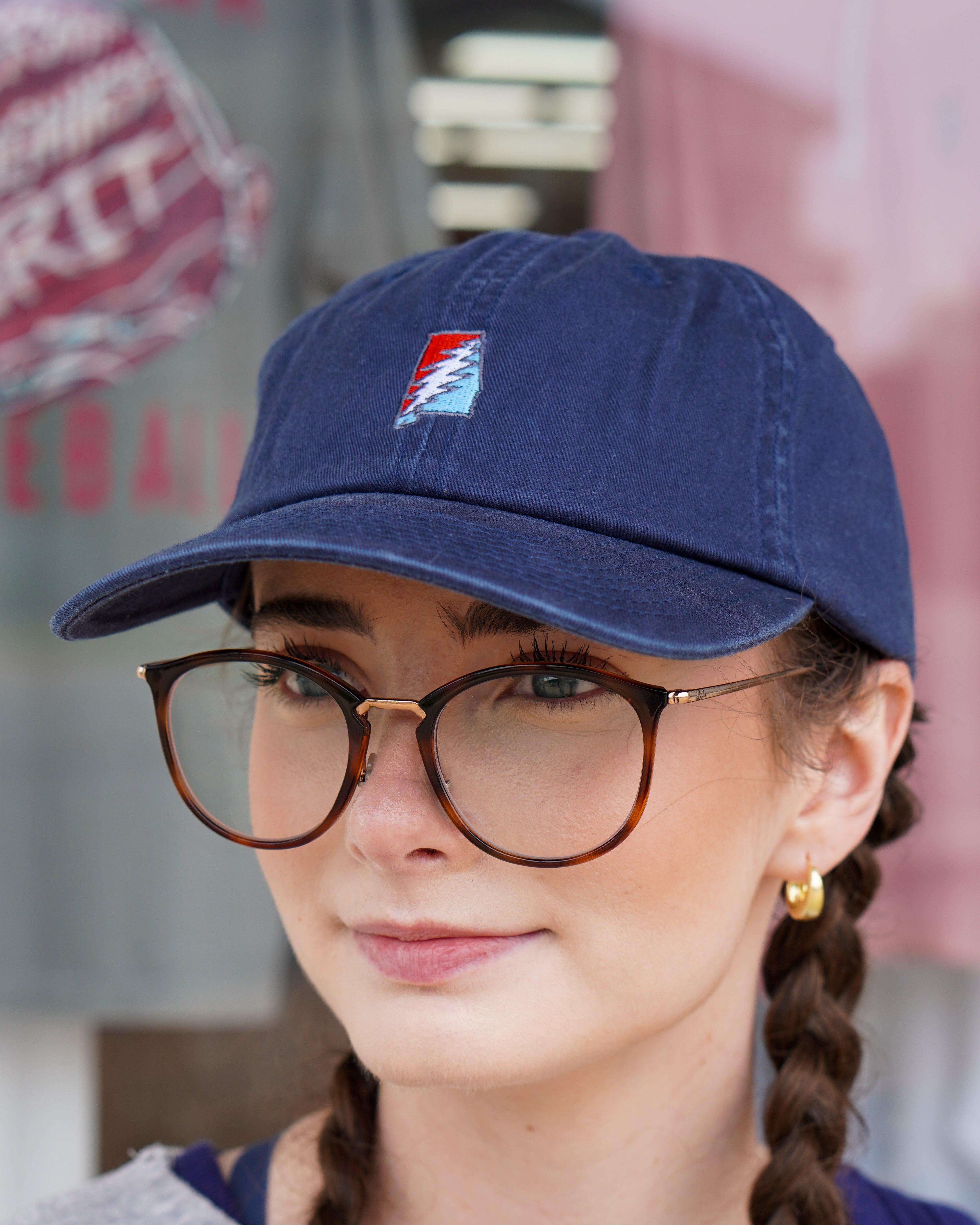 Grateful State Navy Dad Hat with Red and Blue embroidery of the Alabama "Grateful State" Logo