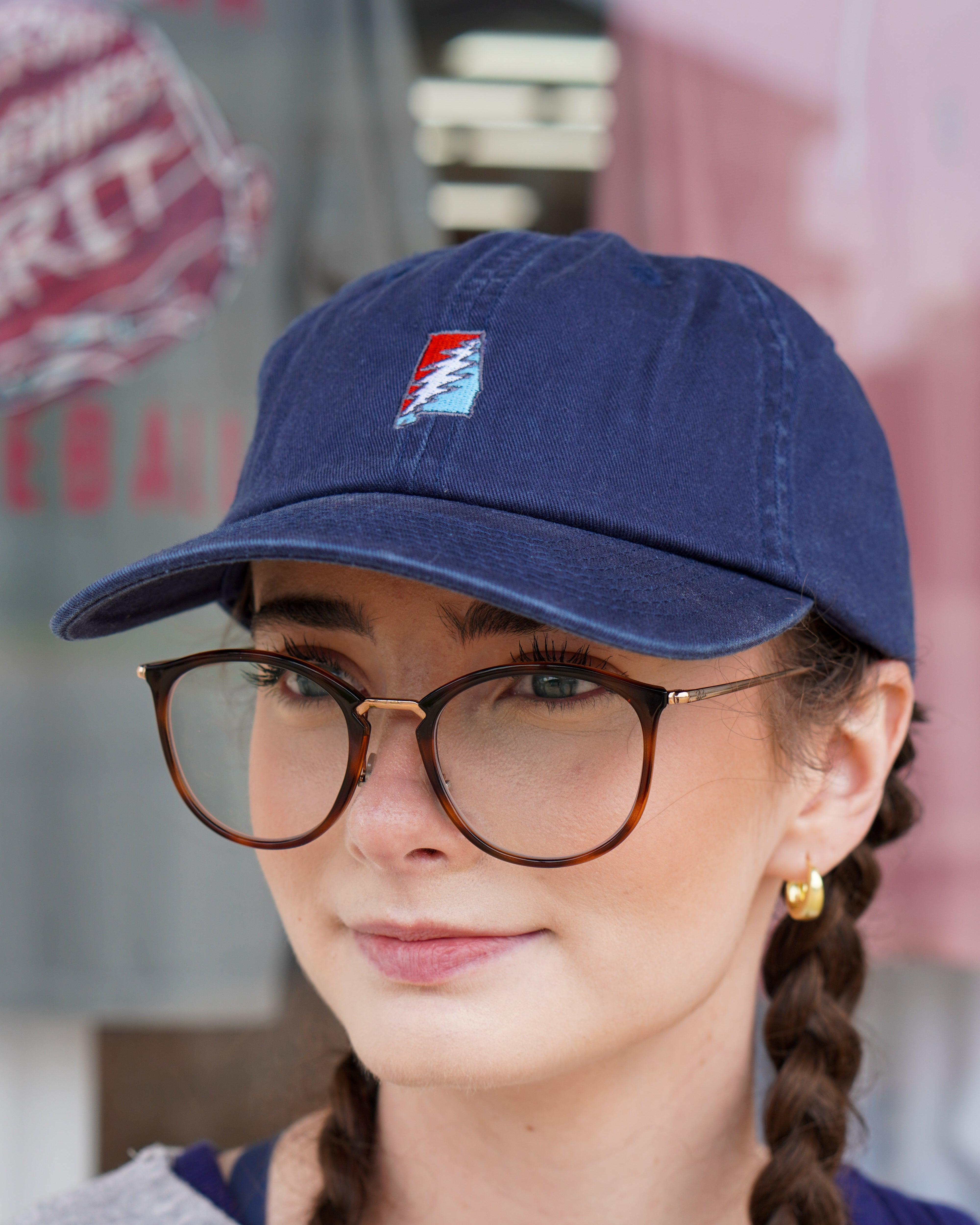 Grateful State Navy Dad Hat with Red and Blue embroidery of the Alabama "Grateful State" Logo
