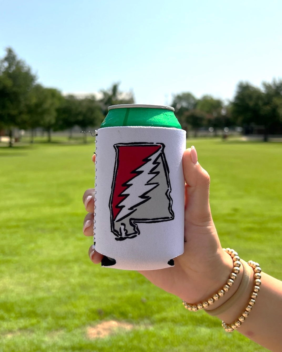 Grateful State White Koozie with Red and Grey print of the Alabama "Grateful State" Logo And the Dancing Bear