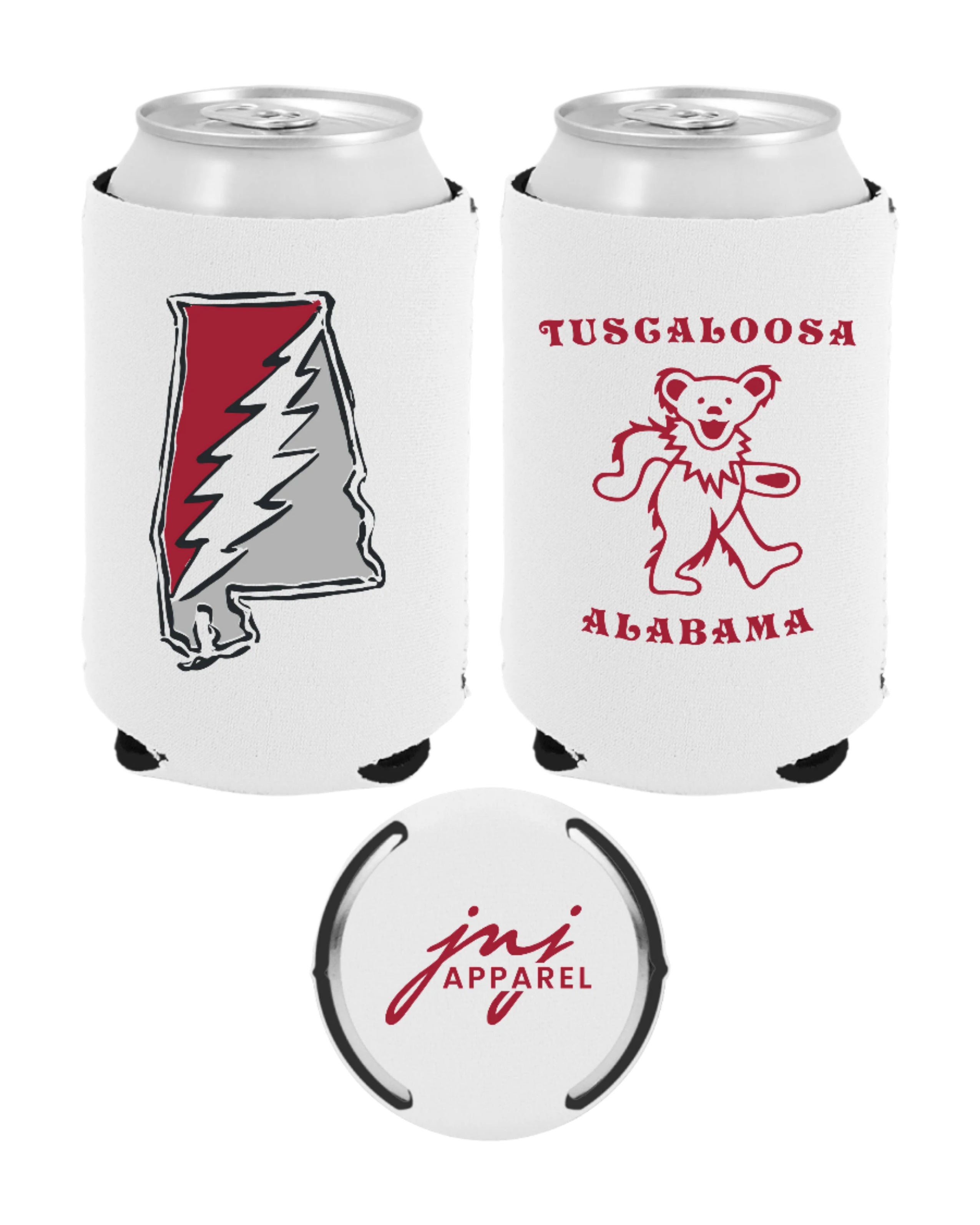 Grateful State White Koozie with Red and Grey print of the Alabama "Grateful State" Logo And the Dancing Bear