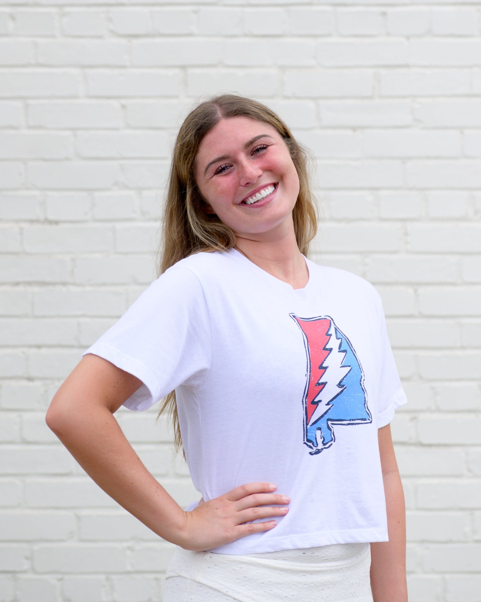 Grateful State White Ladies T-Shirt with Red and Blue print of the Alabama "Grateful State" Logo