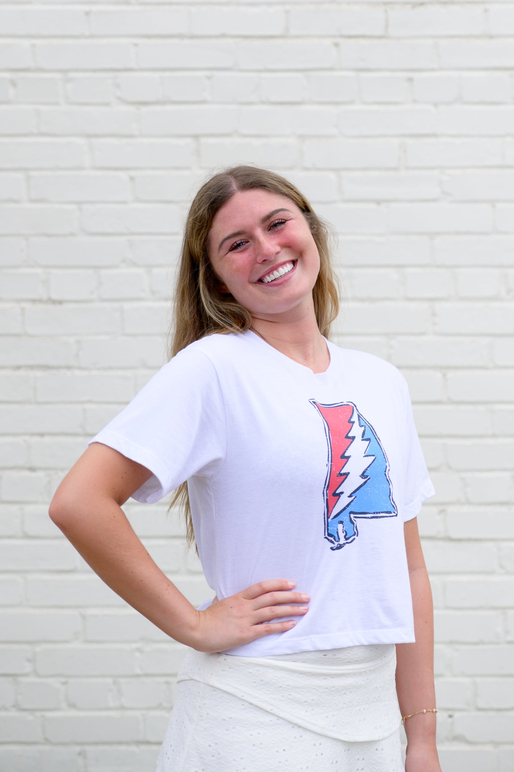 Grateful State White Ladies T-Shirt with Red and Blue print of the Alabama "Grateful State" Logo