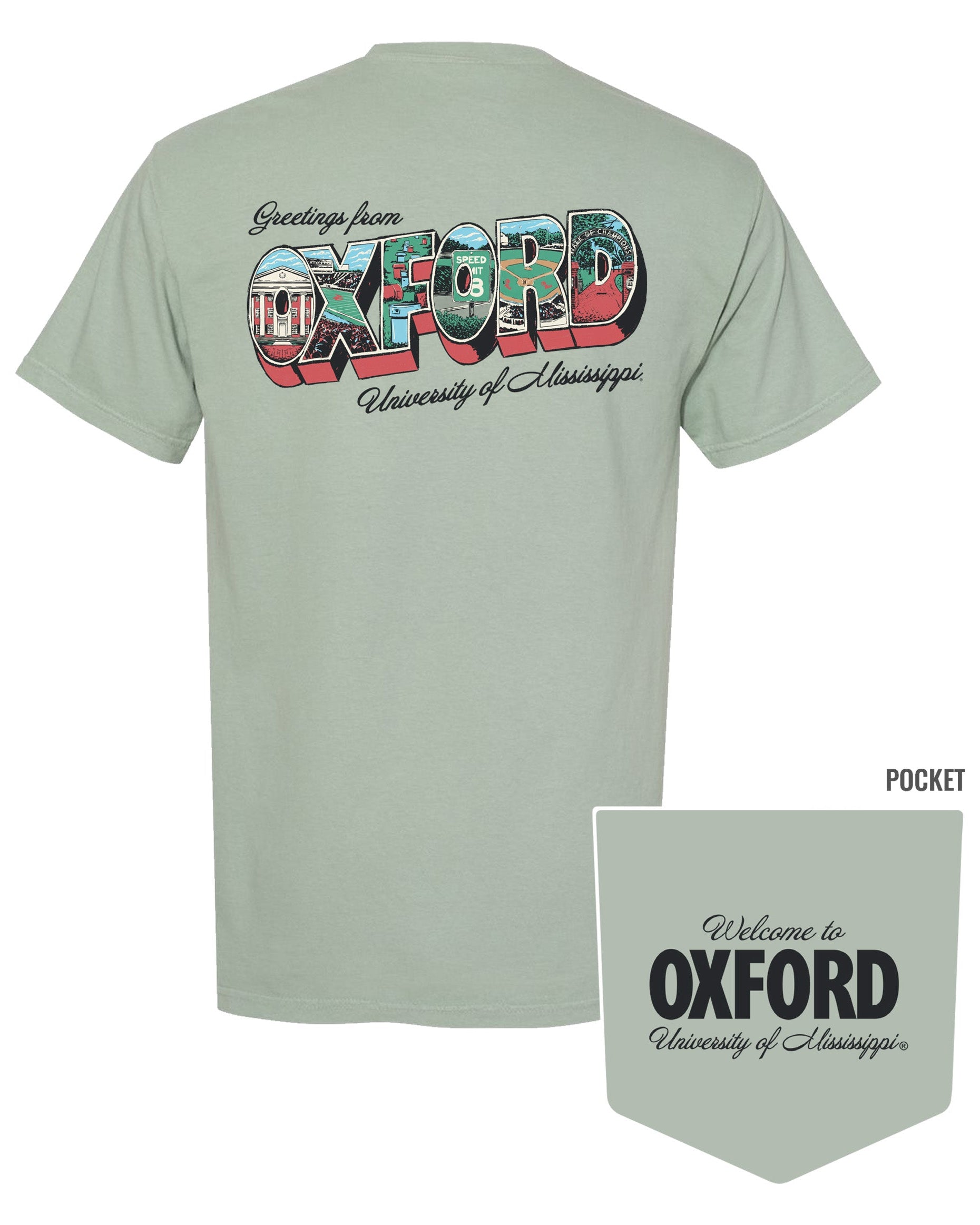 Ole Miss Green T-Shirt with postcard style text "Greetings From OXFORD" with "Oxford" filled with images of iconic buildings in that location