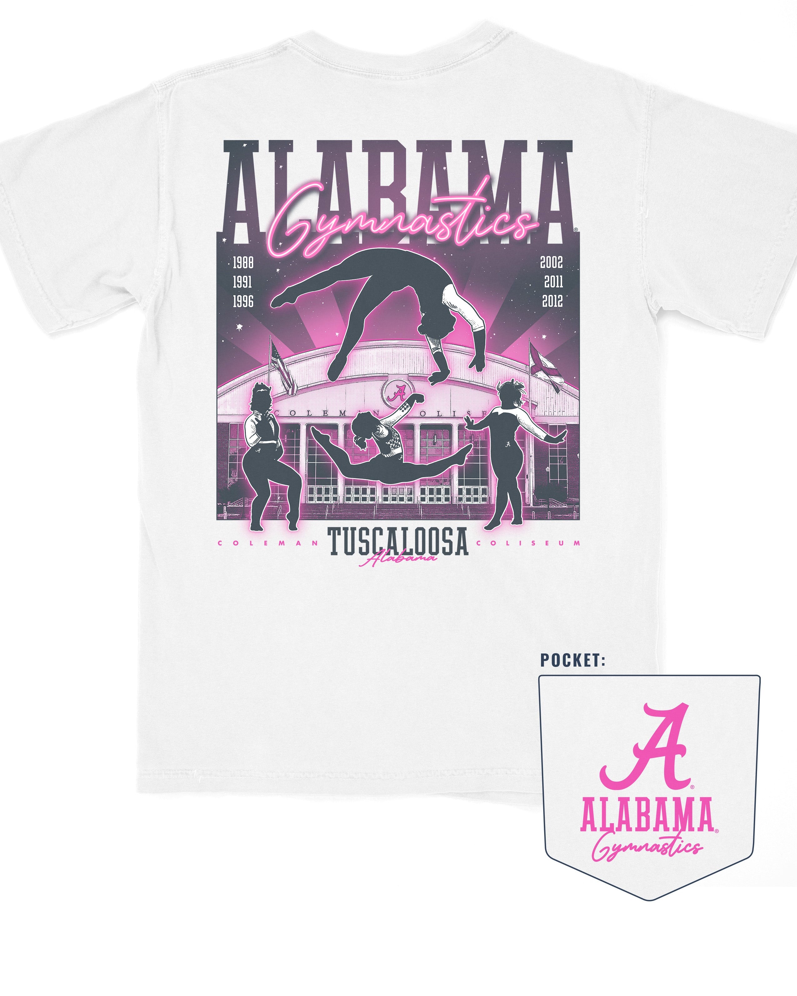 University of Alabama White Ladies' Gymnastics T-Shirt with a hand-drawn design featuring Coleman Coliseum and the years of the Crimson Tide's national titles.