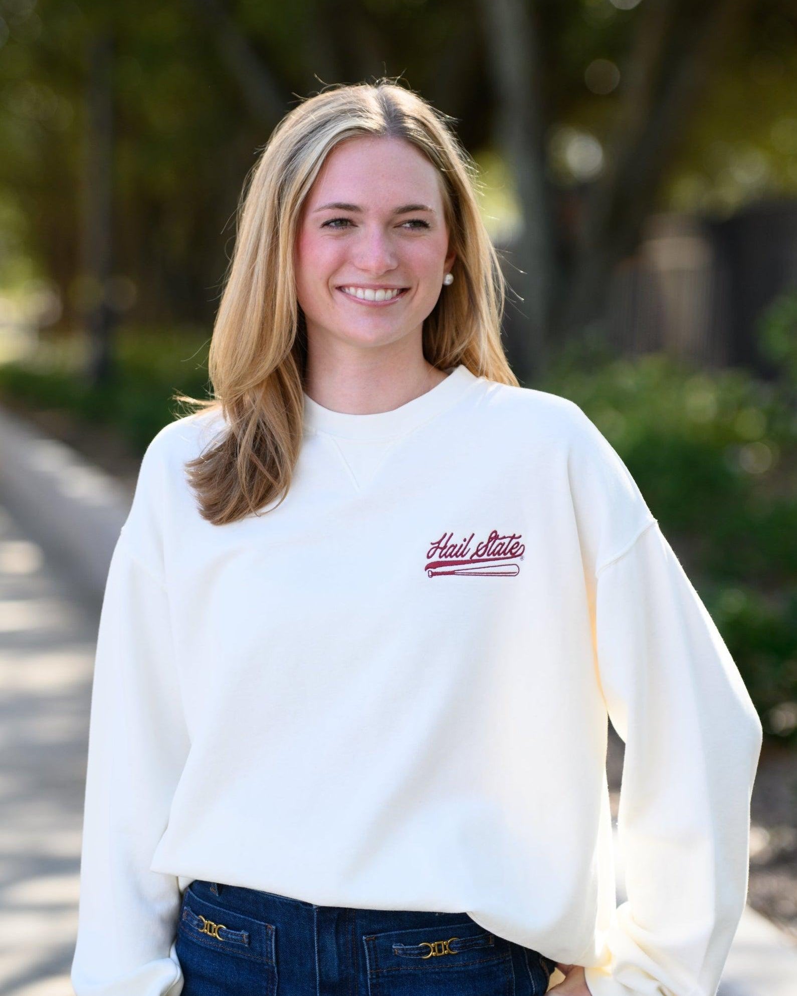 Mississippi State Cream Sweatshirt with Maroon “Hail State” script and baseball bat embroidery