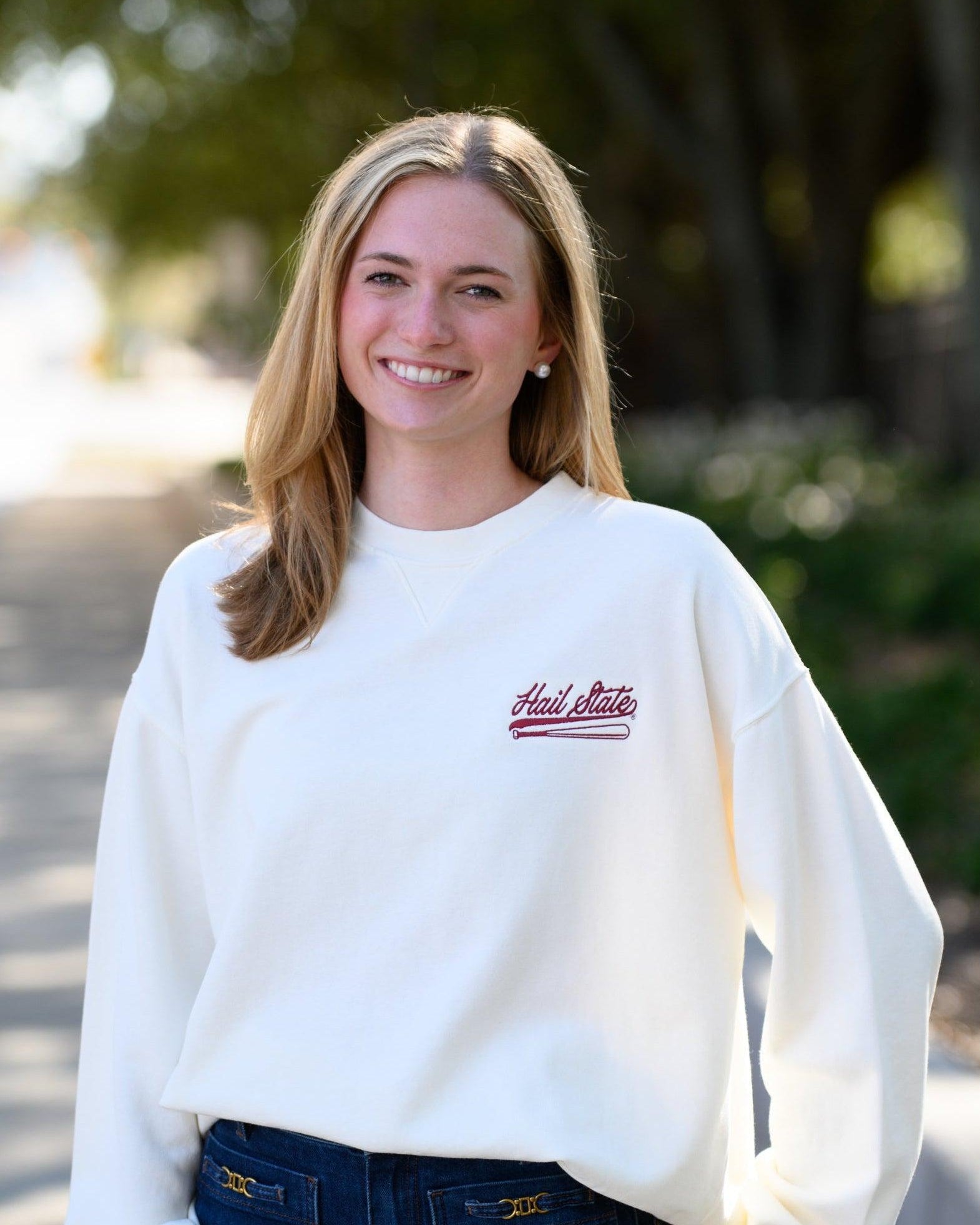 Mississippi State Cream Sweatshirt with Maroon “Hail State” script and baseball bat embroidery