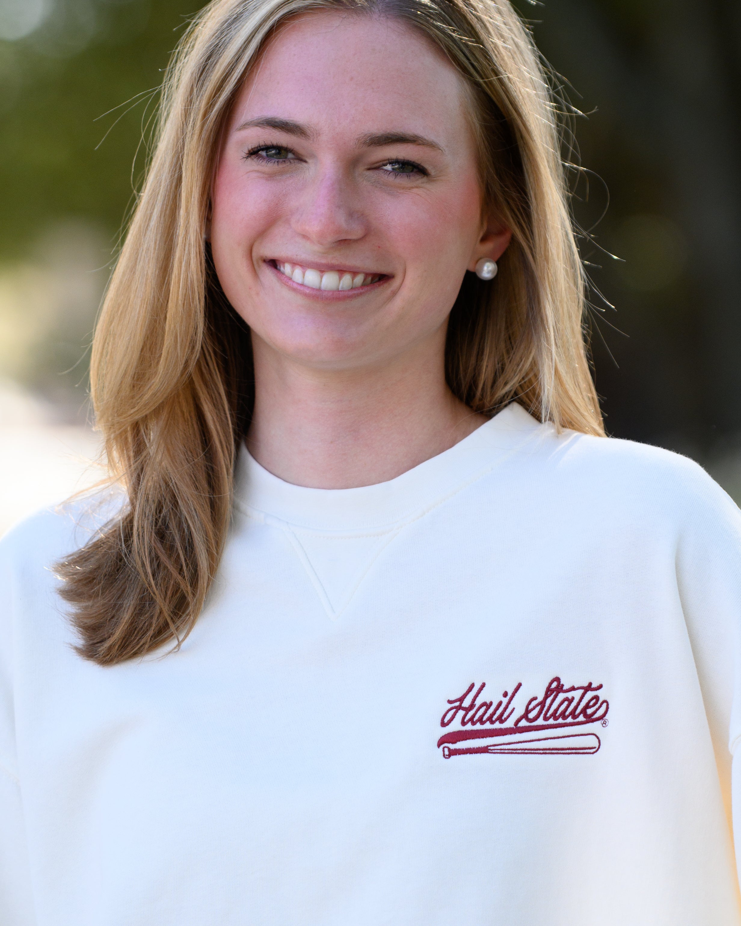 Mississippi State Cream Sweatshirt with Maroon “Hail State” script and baseball bat embroidery