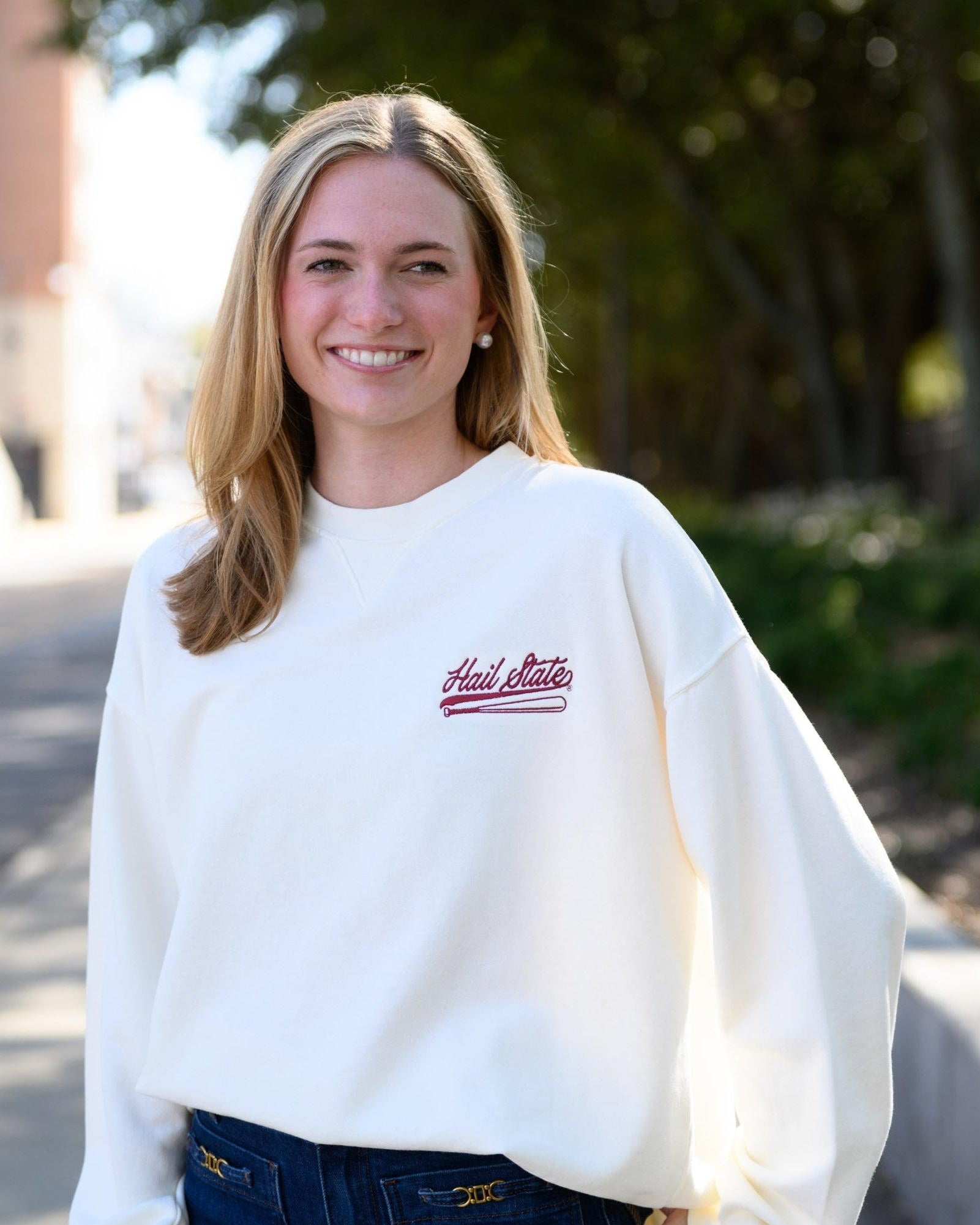 Mississippi State Cream Sweatshirt with Maroon “Hail State” script and baseball bat embroidery