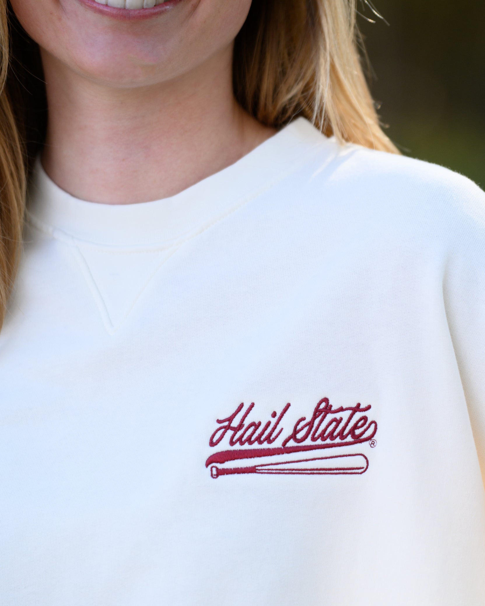 Mississippi State Cream Sweatshirt with Maroon “Hail State” script and baseball bat embroidery