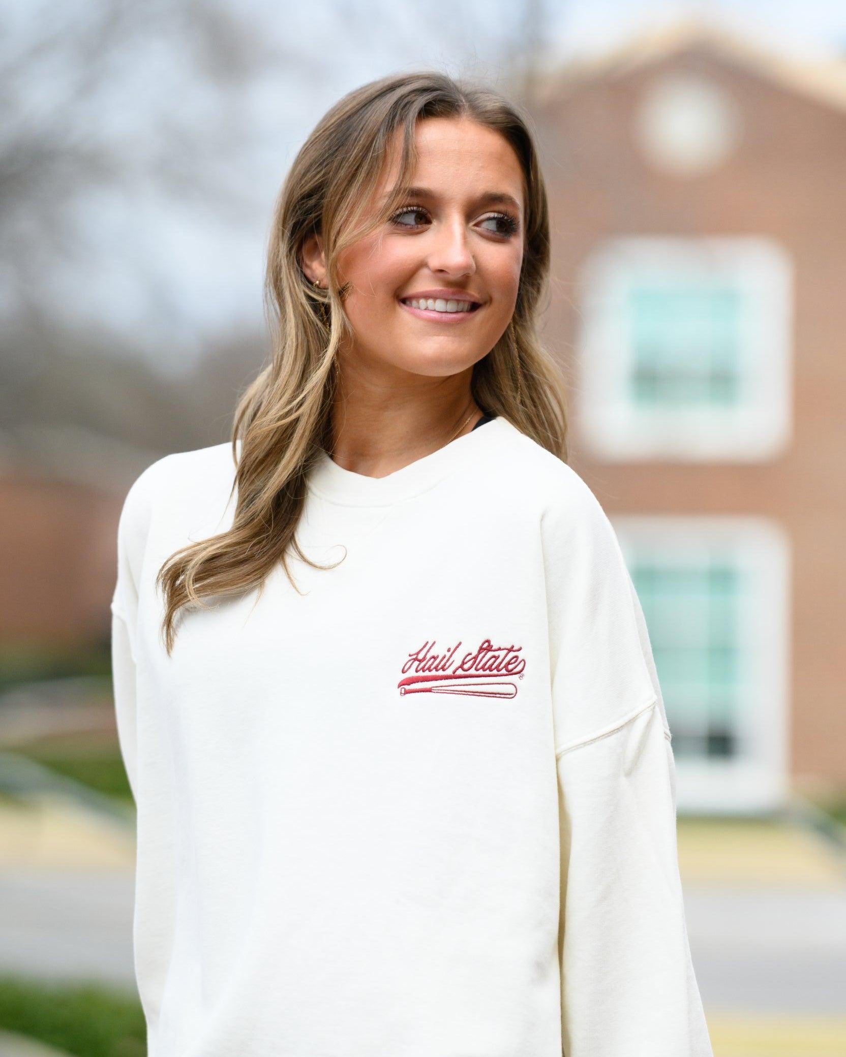 Mississippi State Cream Sweatshirt with Maroon “Hail State” script and baseball bat embroidery