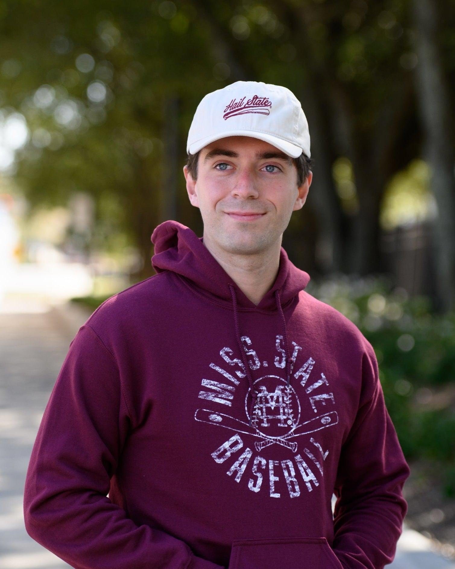 Mississippi State Light Tan Dad Hat with Maroon “Hail State” script and baseball bat embroidery