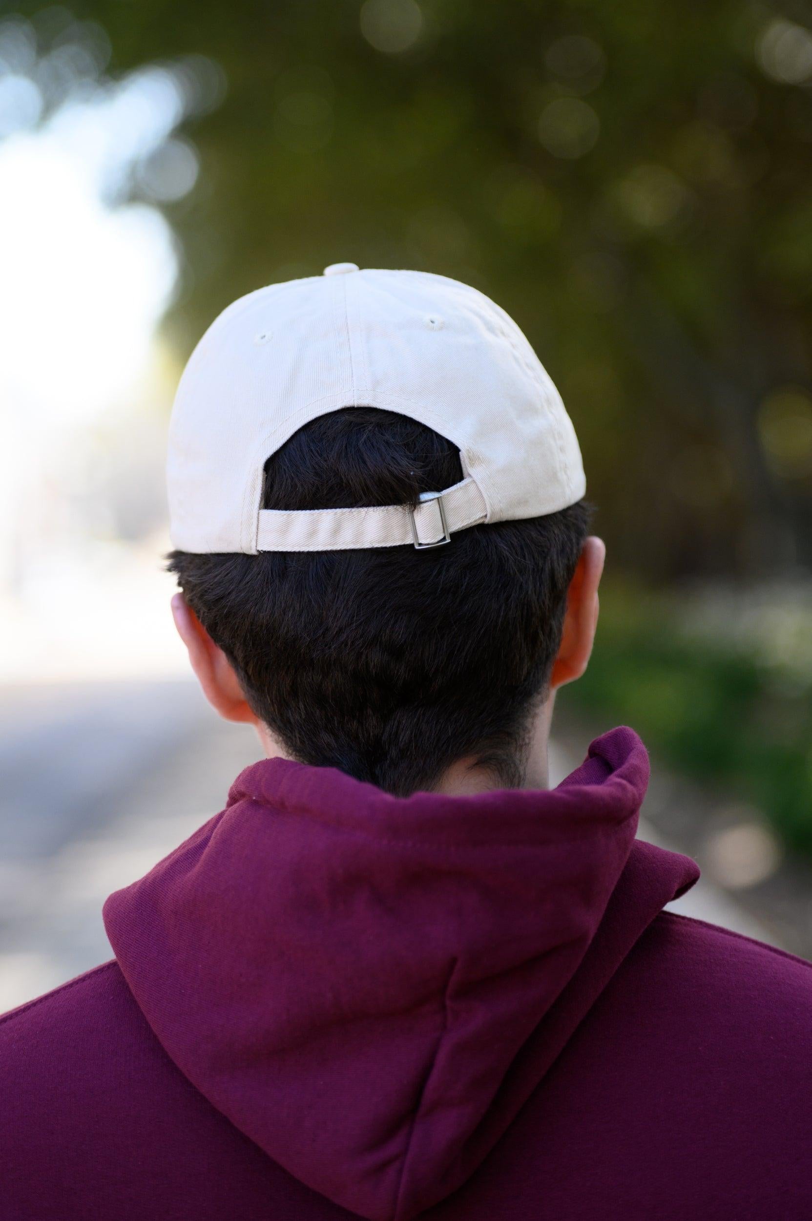 Mississippi State Light Tan Dad Hat with Maroon “Hail State” script and baseball bat embroidery
strap back