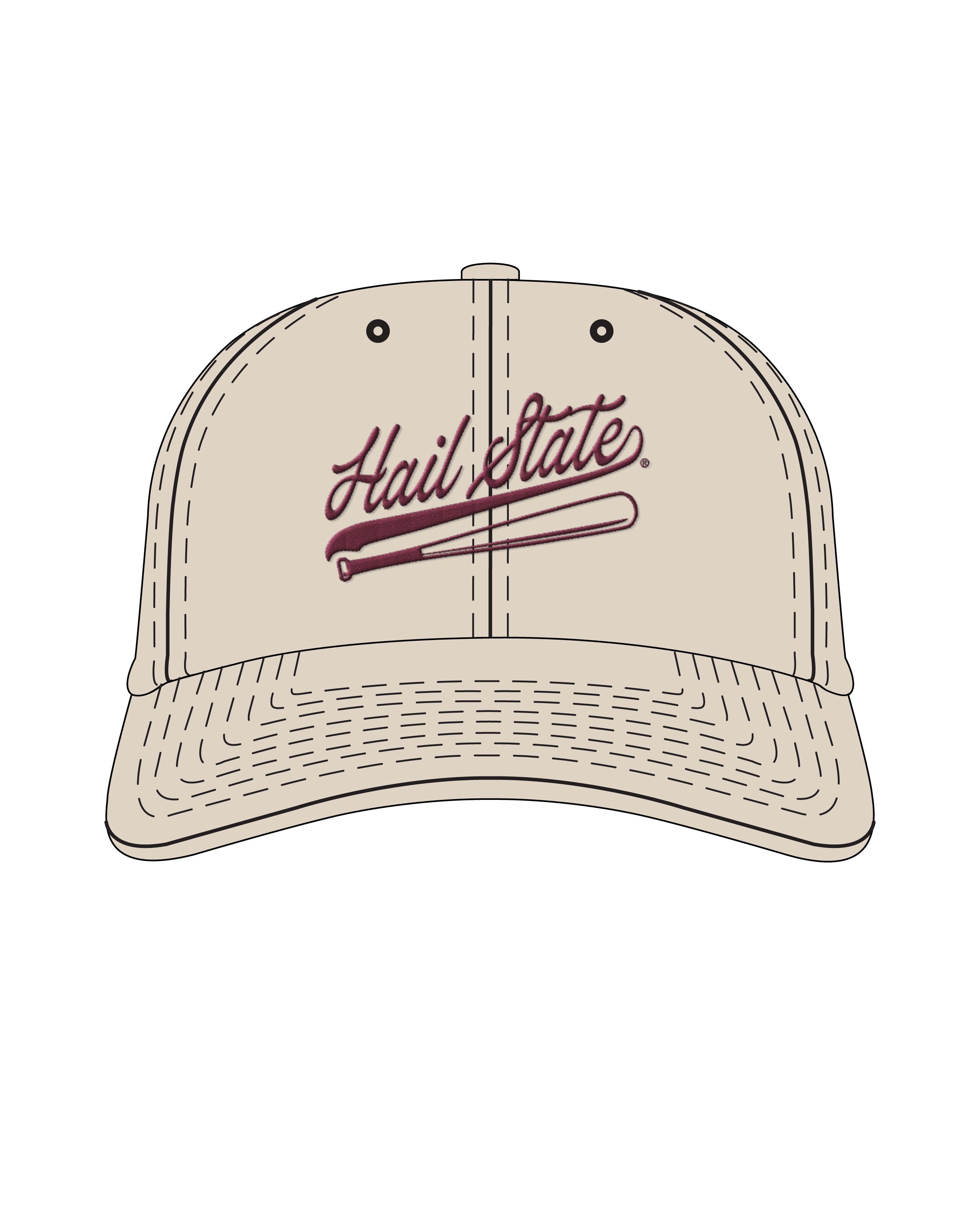 Mississippi State Light Tan Dad Hat with Maroon “Hail State” script and baseball bat embroidery