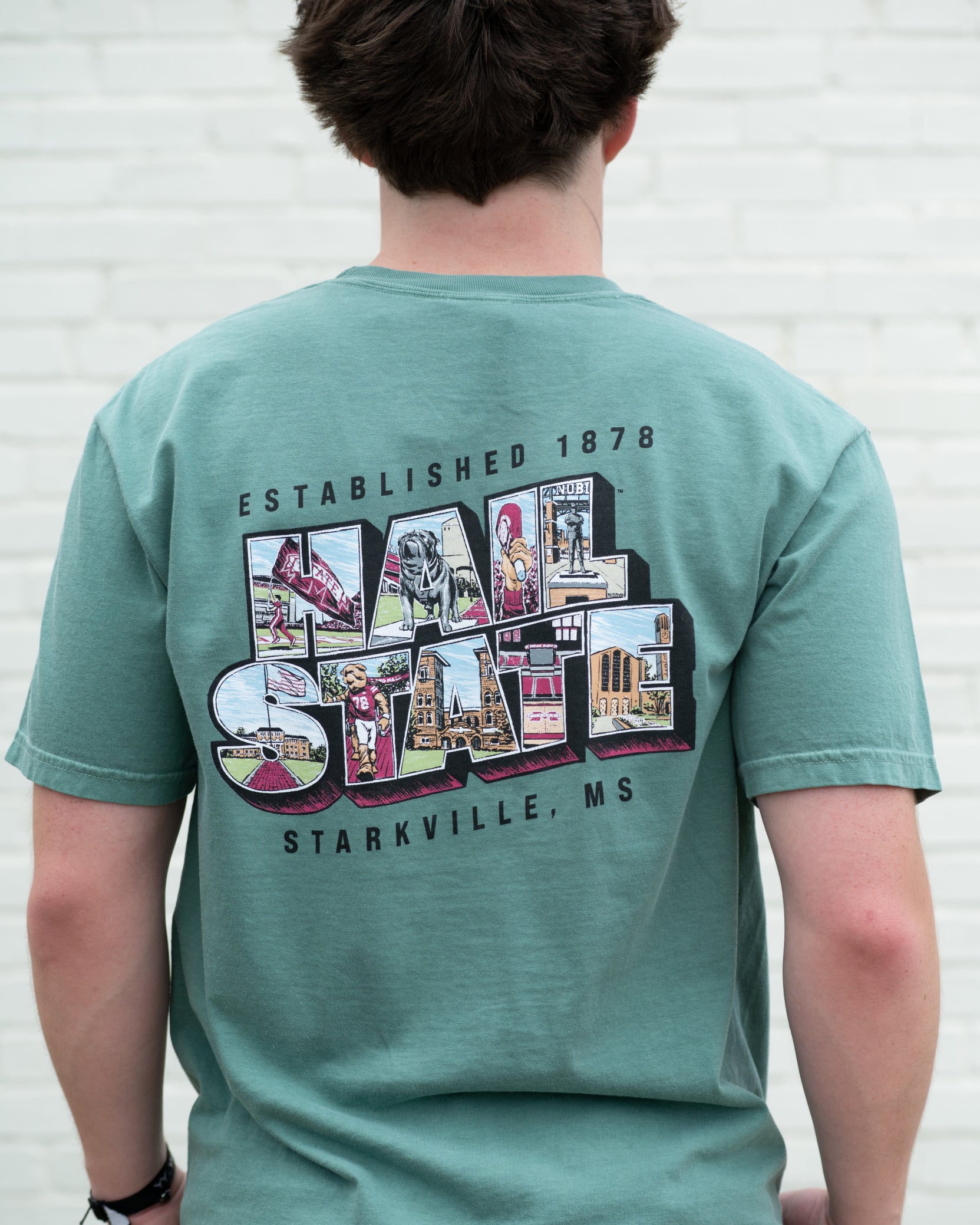 Mississippi Sate Green T-Shirt with postcard style text "HAIL STATE" with "Hail State" filled with images of icons in that location