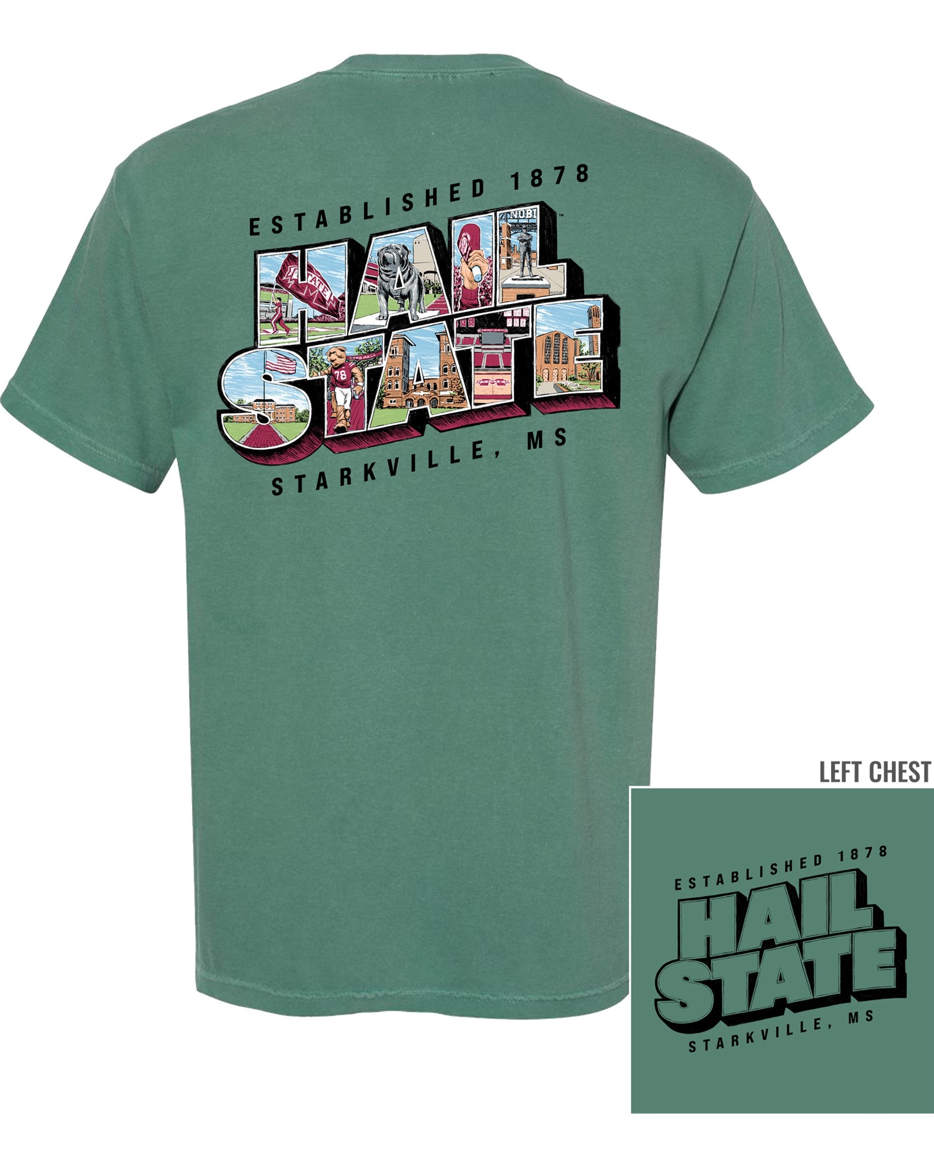 Mississippi Sate Green T-Shirt with postcard style text "HAIL STATE" with "Hail State" filled with images of icons in that location