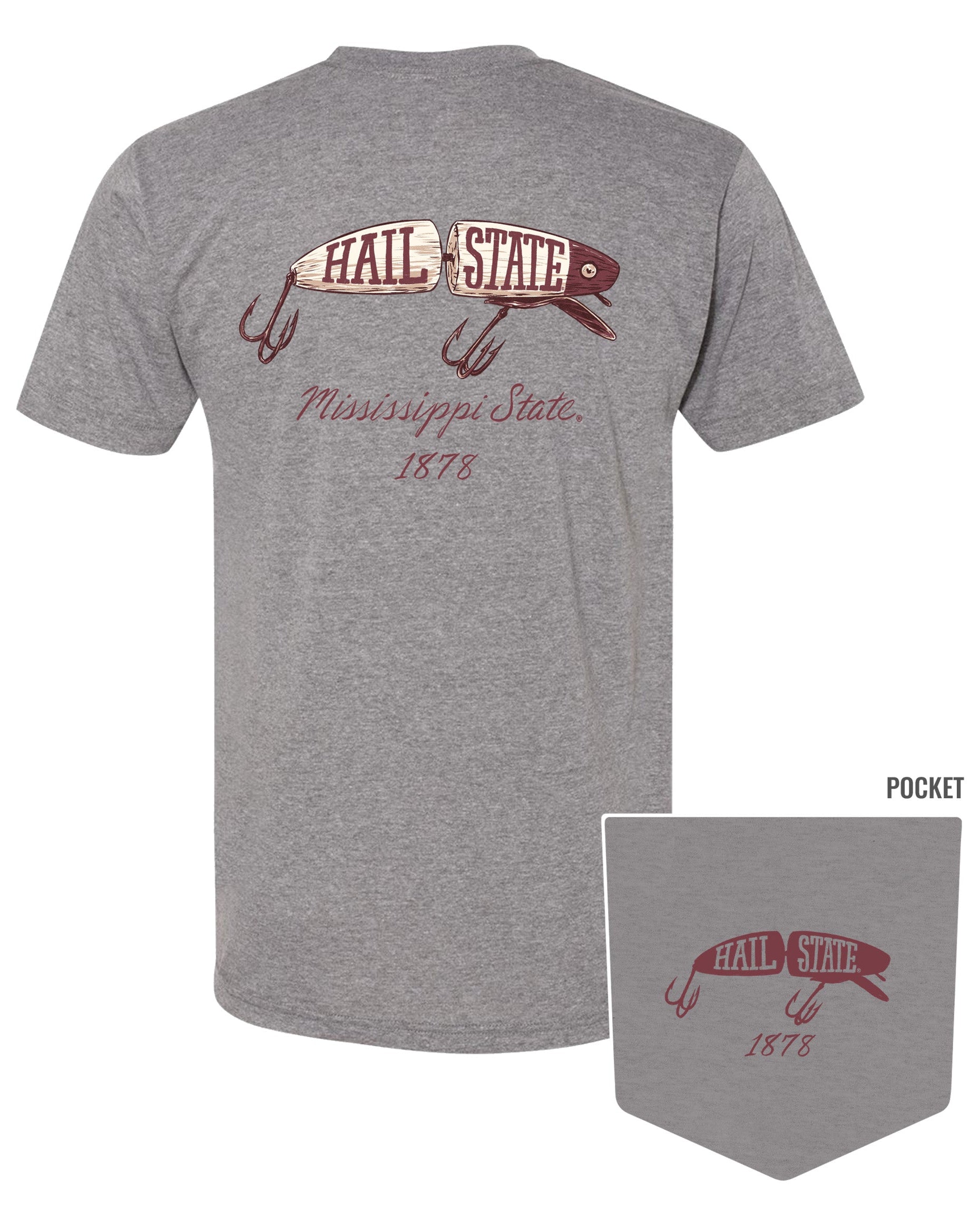Mississippi State Grey T-Shirt with an image of a fishing lure with Red text “Hail State”