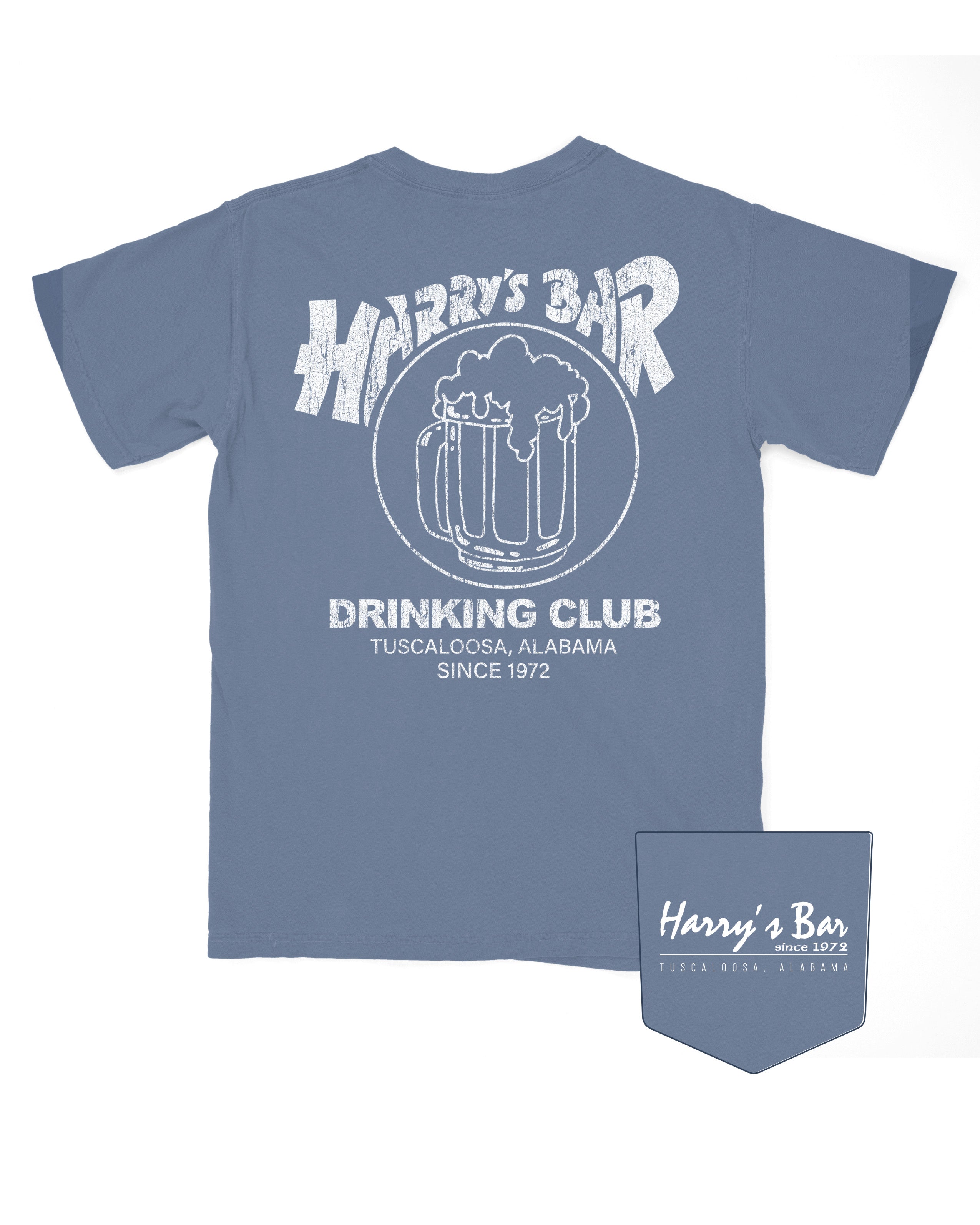 Harry’s Bar Blue T-Shirt with an image of an overflowing beer mug with a sash reading “Since 1972” above the text “Drinking Club”
