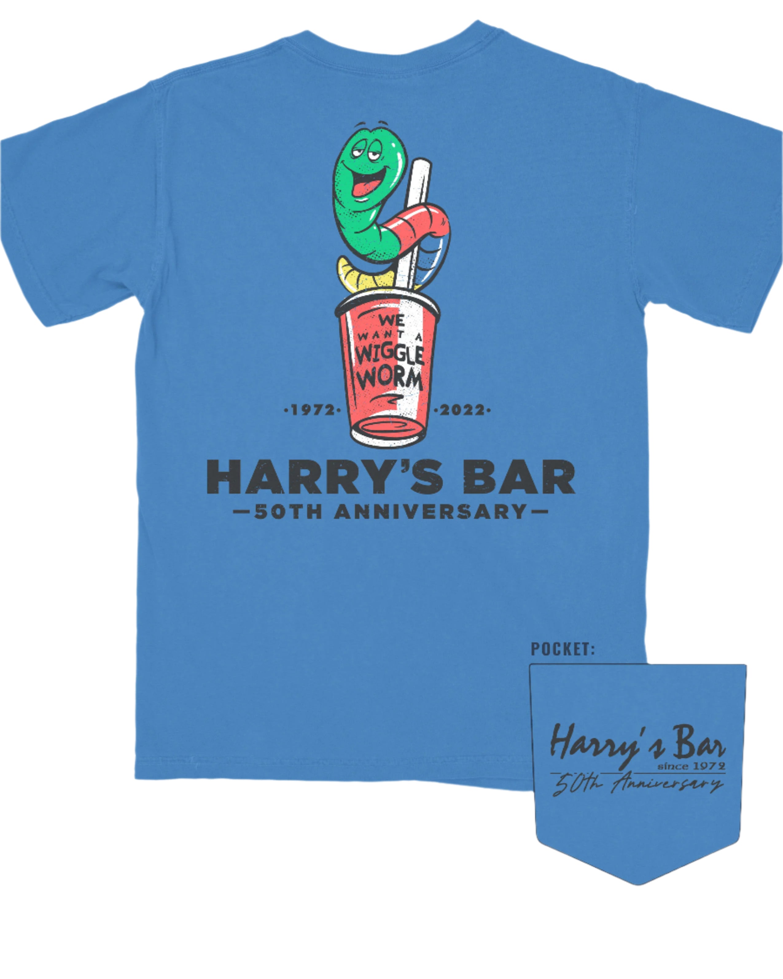 Harry's Bar Blue Shirt with a cartoon of the Wiggle Worm Drink above Black text “Harry’s Bar”