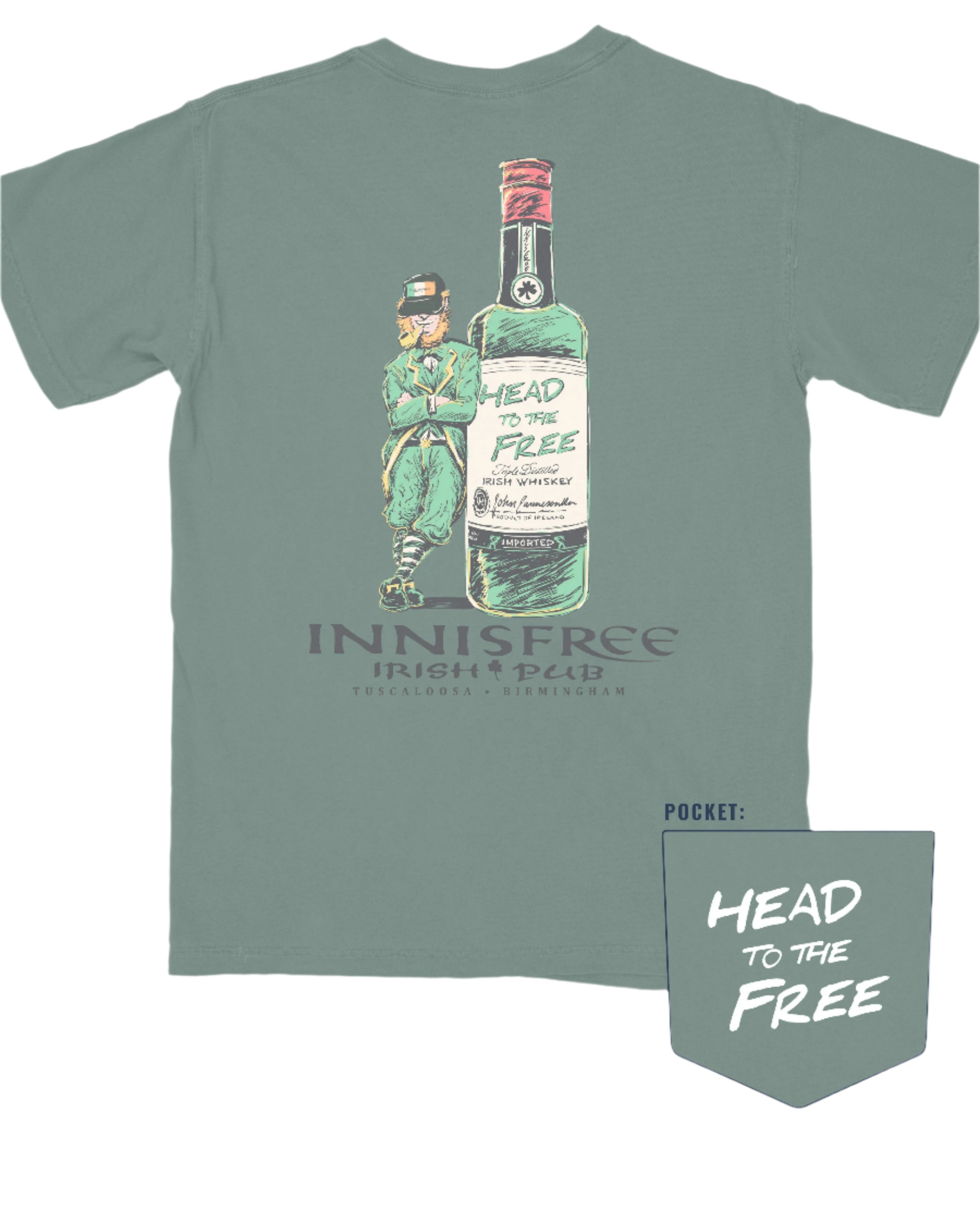Innisfree Green T-Shirt with a hand-drawn design featuring a leprechaun leaning against a bottle and the text 'INNISFREE Irish Pub' on the back.