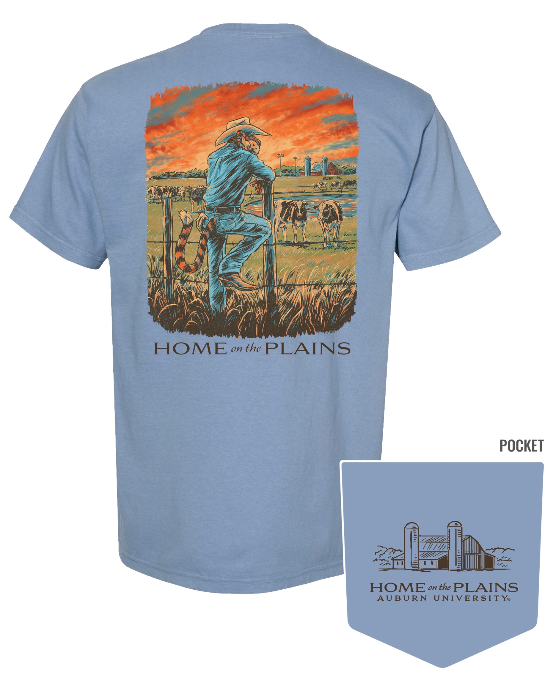Auburn University Blue T-Shirt with an image of Aubie wearing cowboy clothes and watching over cattle at sunrise above Black text “Home on the Plains”