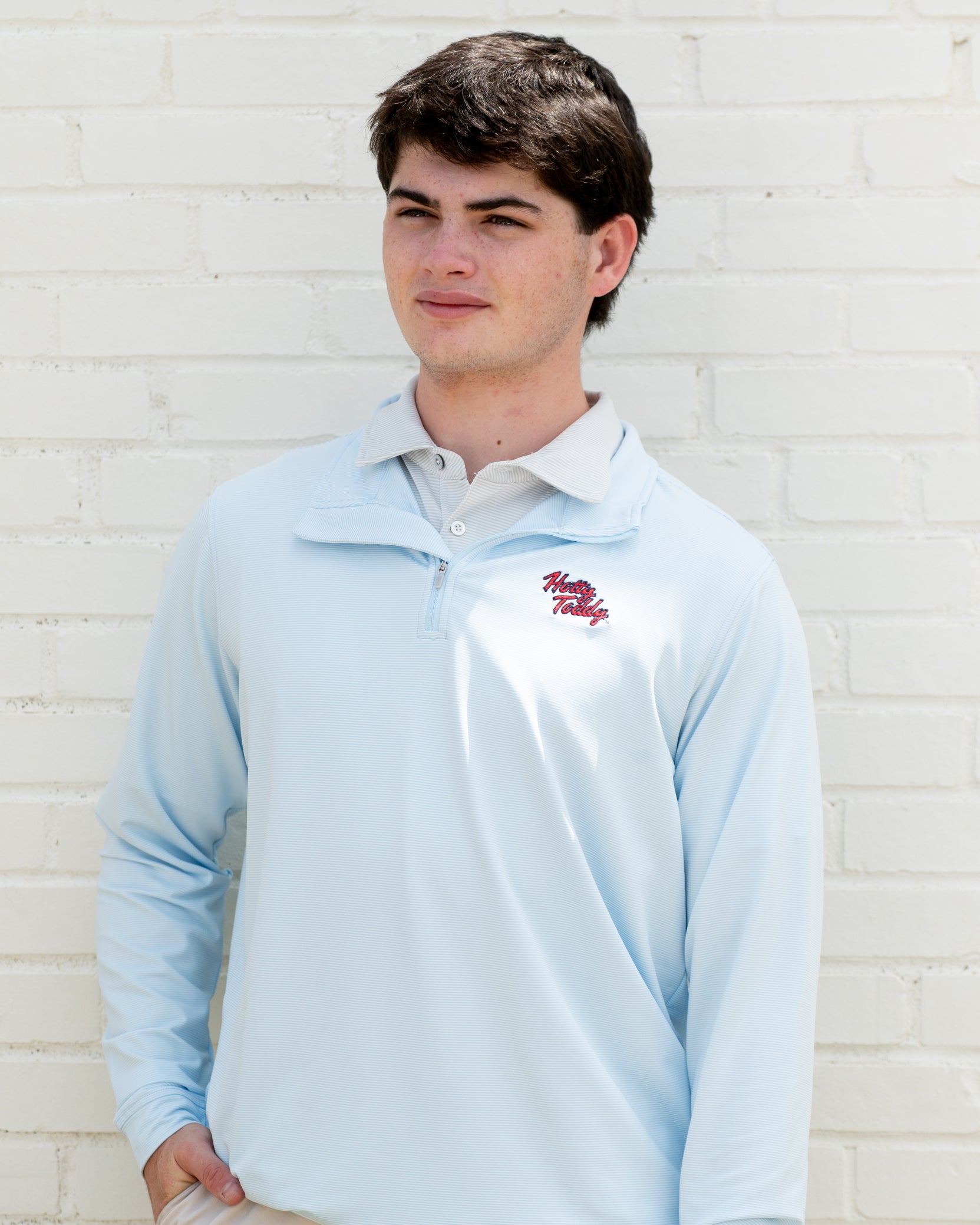 Ole Miss Light Blue Stripe ¼ Zip Pullover with script “Hotty Toddy” Embroidery